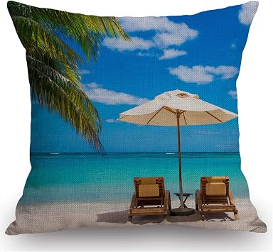 Swono Idyllic White Beach in Front of The Turquoise Tropical Sea Rustic Farmhouse Decorative Throw Pillow Cover Square Cushion Case for Home Sofa Couch Decoration