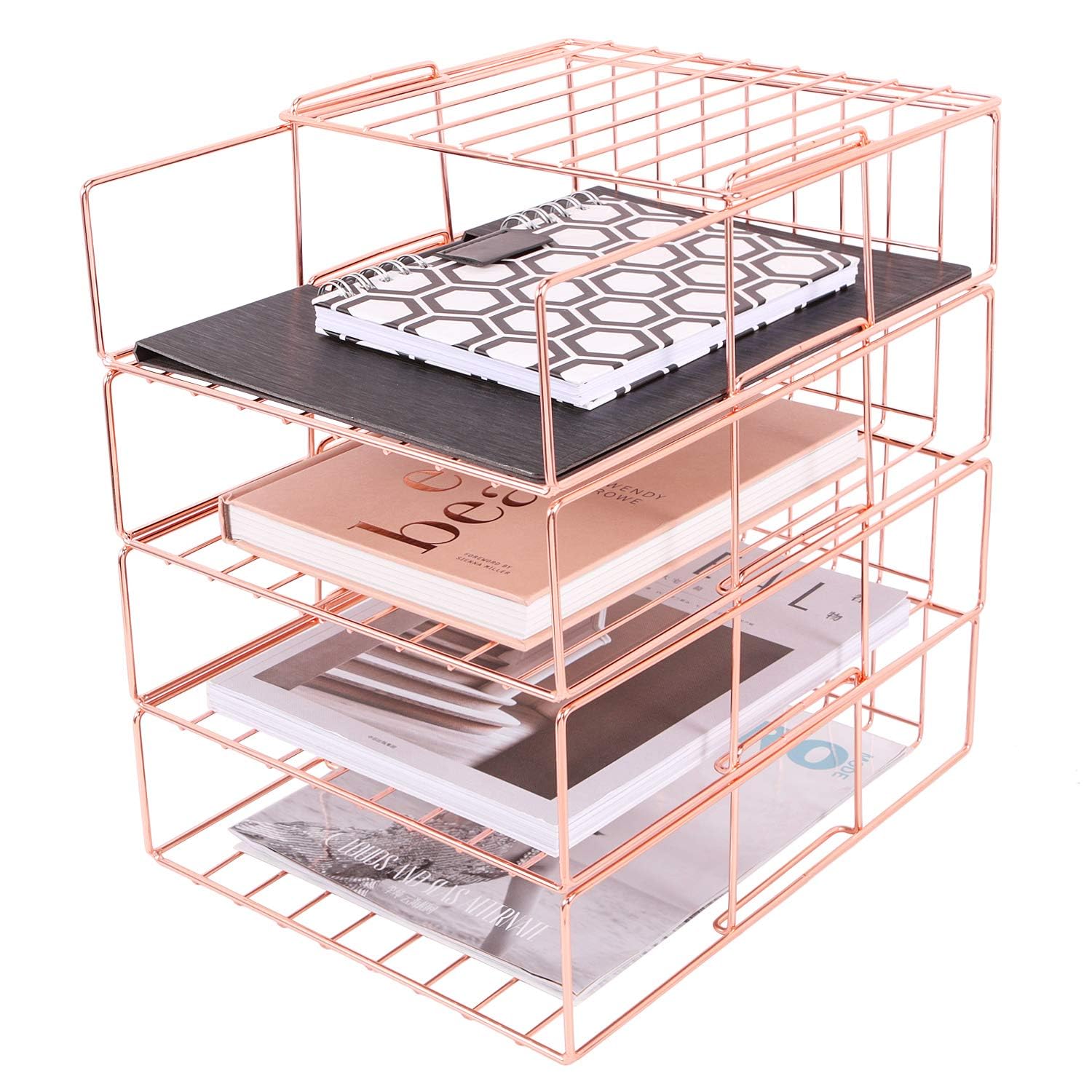 Simmer Stone Stackable File Tray, 4 Tier Paper Organizer Tray, Wire Desk File Sorter Shelf for Mail, Magazine, Document, Folder, Book and More, 0.16 Inch Thick Frame Rose Gold