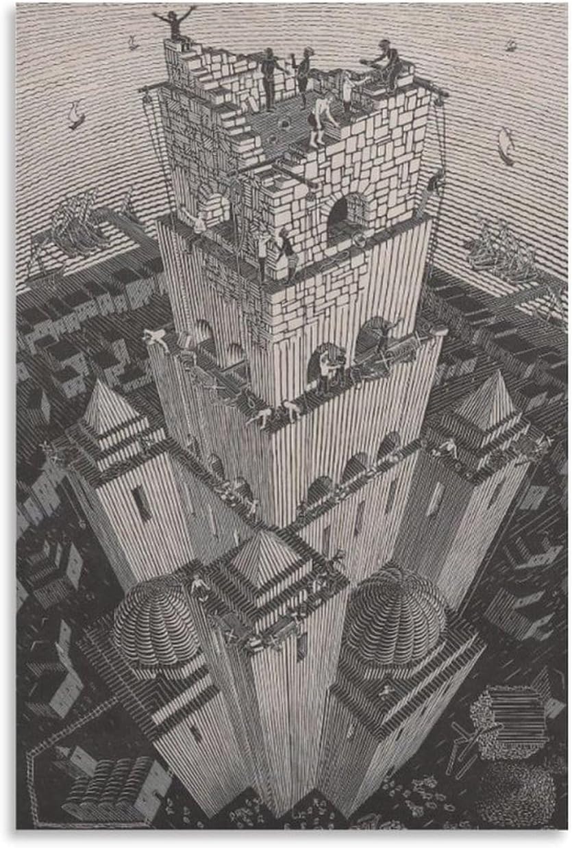 M.C. Escher Wall Art Tower of Babel Picture《Optical Illusion》Poster Surrealism Canvas Painting M.C. Escher Prints for Office Decor 30x45cm Frameless