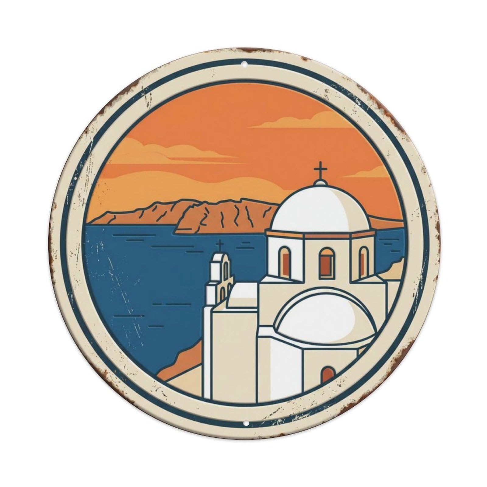 Santorini Sunset Terrace Travel Metal Tin Sign Plaque Wall Decor for Cafe, Club Bar, Office, Home Garden Round Metal Poster 8x8Inch