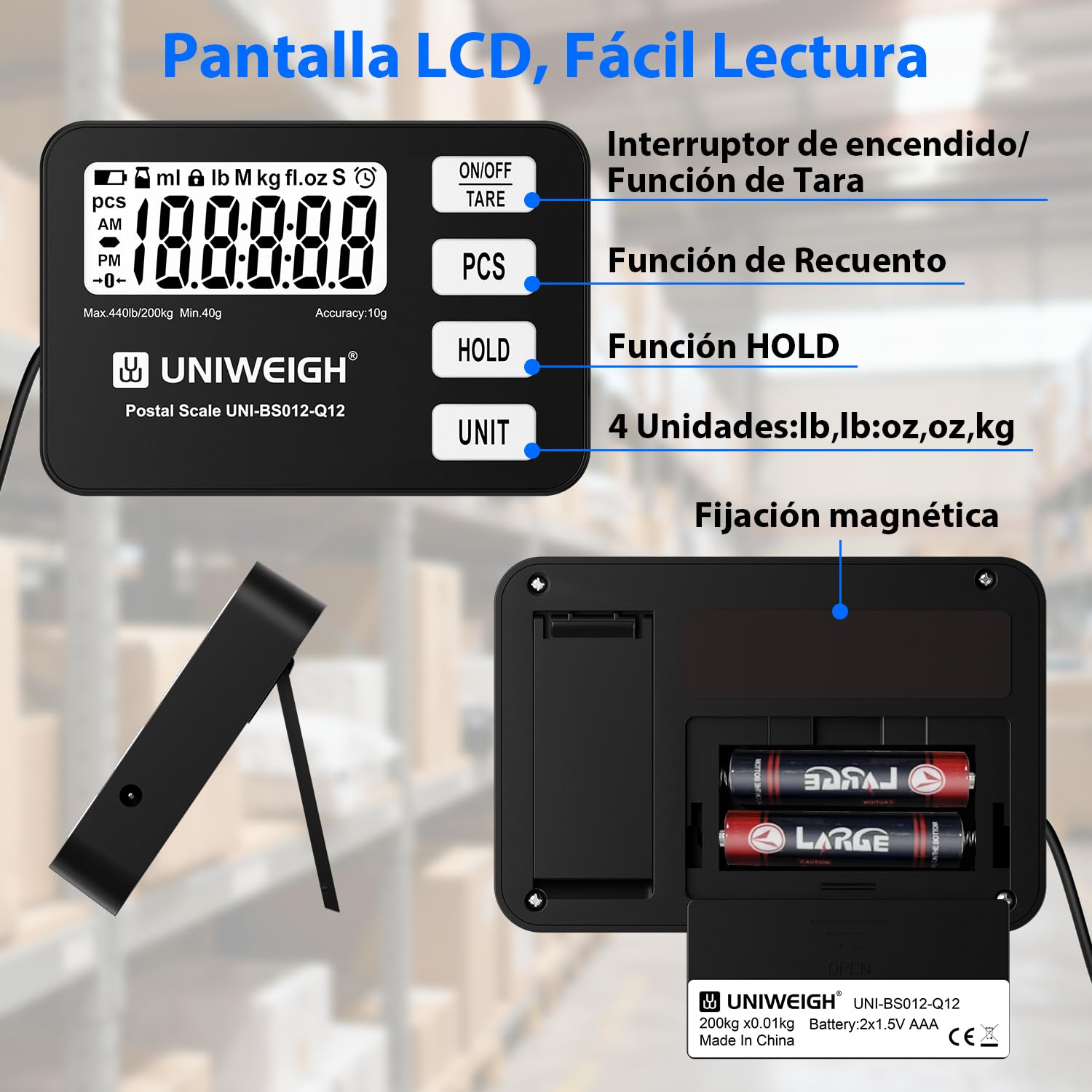 UNIWEIGH Báscula para paquetes 200 kg/10 g de precisión, báscula digital de cartas para paquetes con función PCS/retención/tara, báscula de plataforma para pequeñas empresas, equipaje, uso doméstico