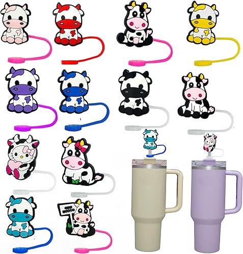 18 fundas para pajilla, fundas de silicona de 0.394 pulgadas, cubiertas de paja para vasos, reutilizables, a prueba de polvo, para beber (vaca)