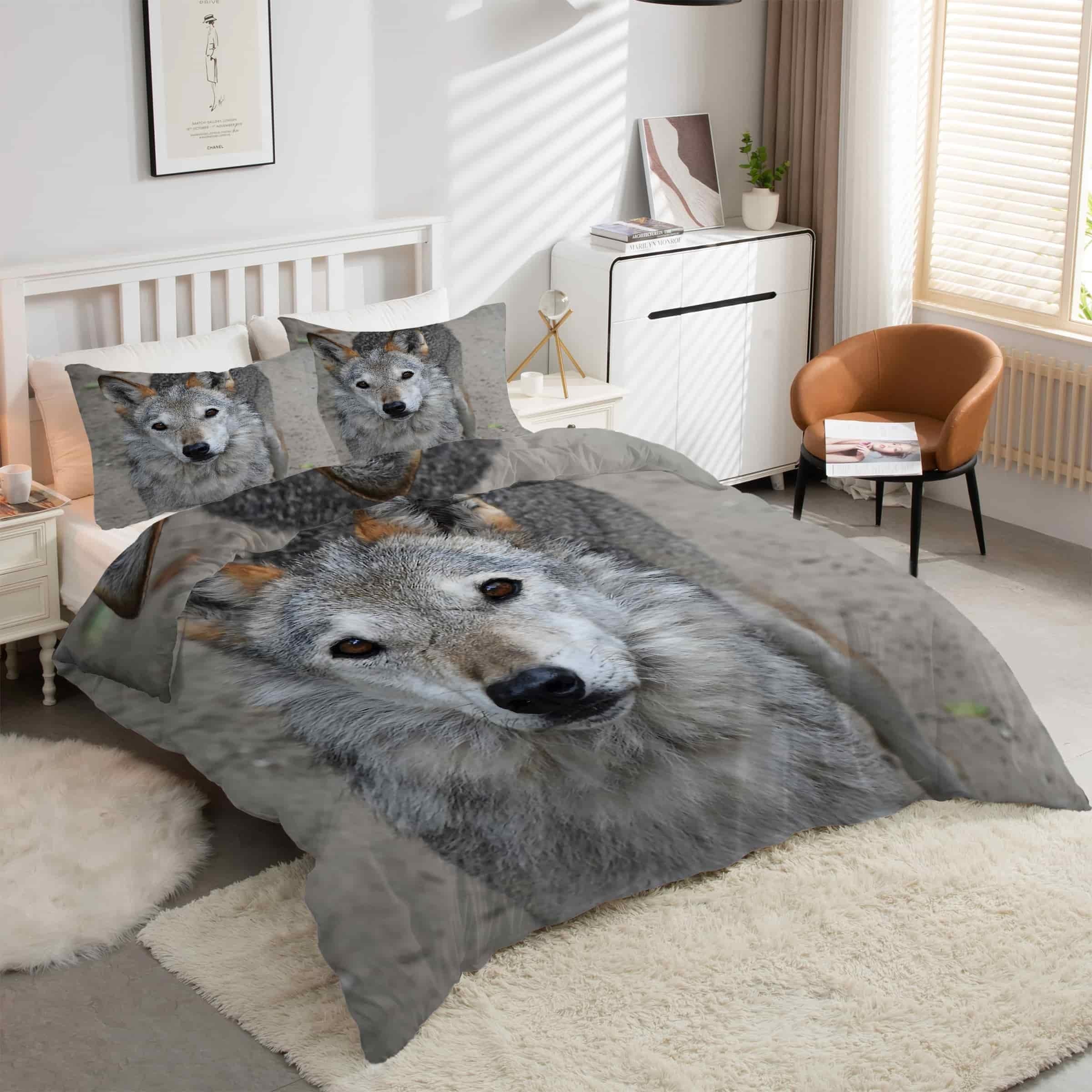 Parure de lit loup gris 90x190 avec housse de couette microfibre et 2 taies d'oreiller