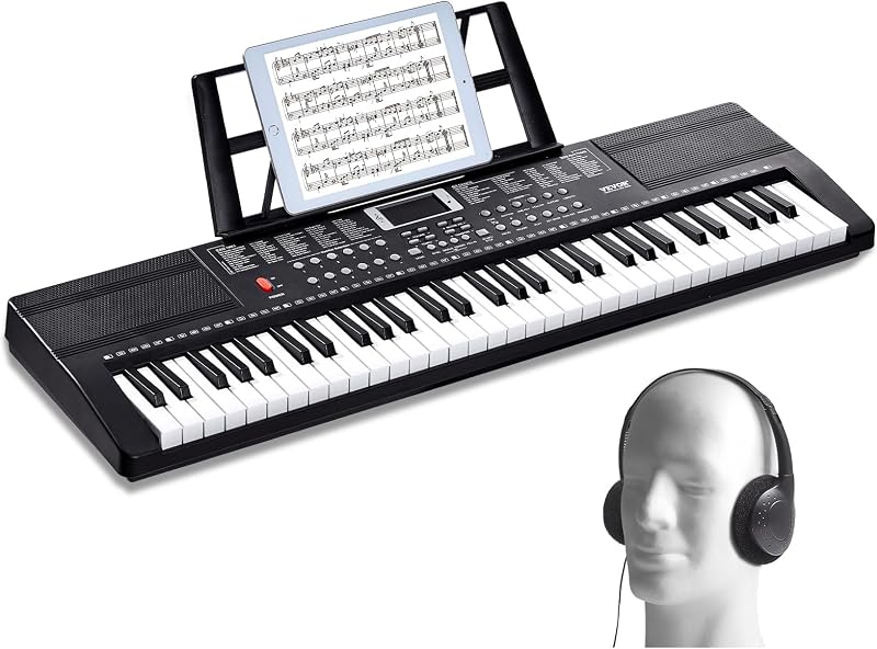 VEVOR 61 Key Digital Keyboard Piano, 200 Tones 200 Rhythms, Electric Portable Piano Keyboard Kit with 60 Demo Songs Built-In Dual Speakers Headphones, Piano Stickers for Beginners Learning