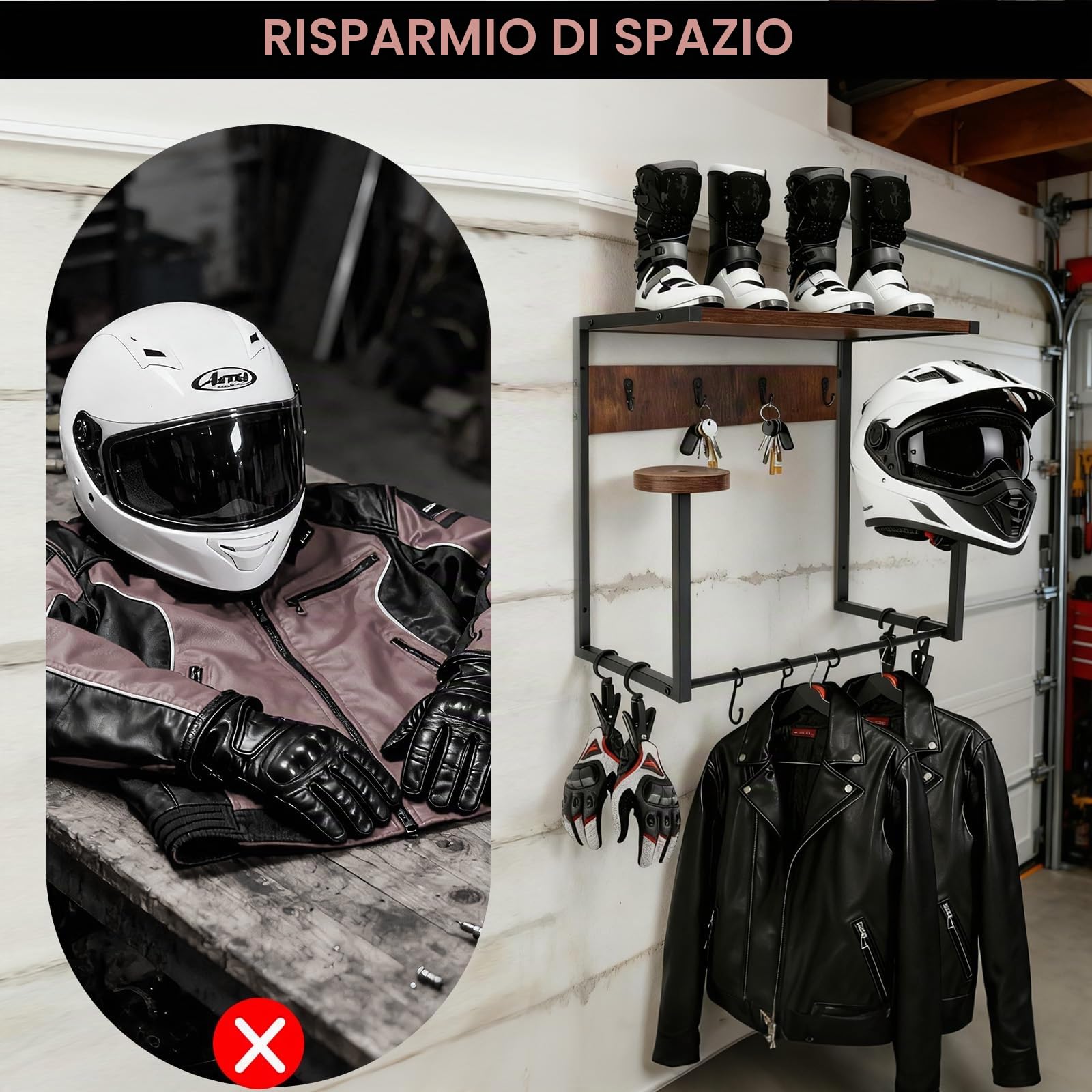 Portacasco da Parete Appendi Casco Moto da, Espositore da Parete per Casco da Motocicletta,con Pannello di Legno monostrato,per Riporre Accessori per Moto