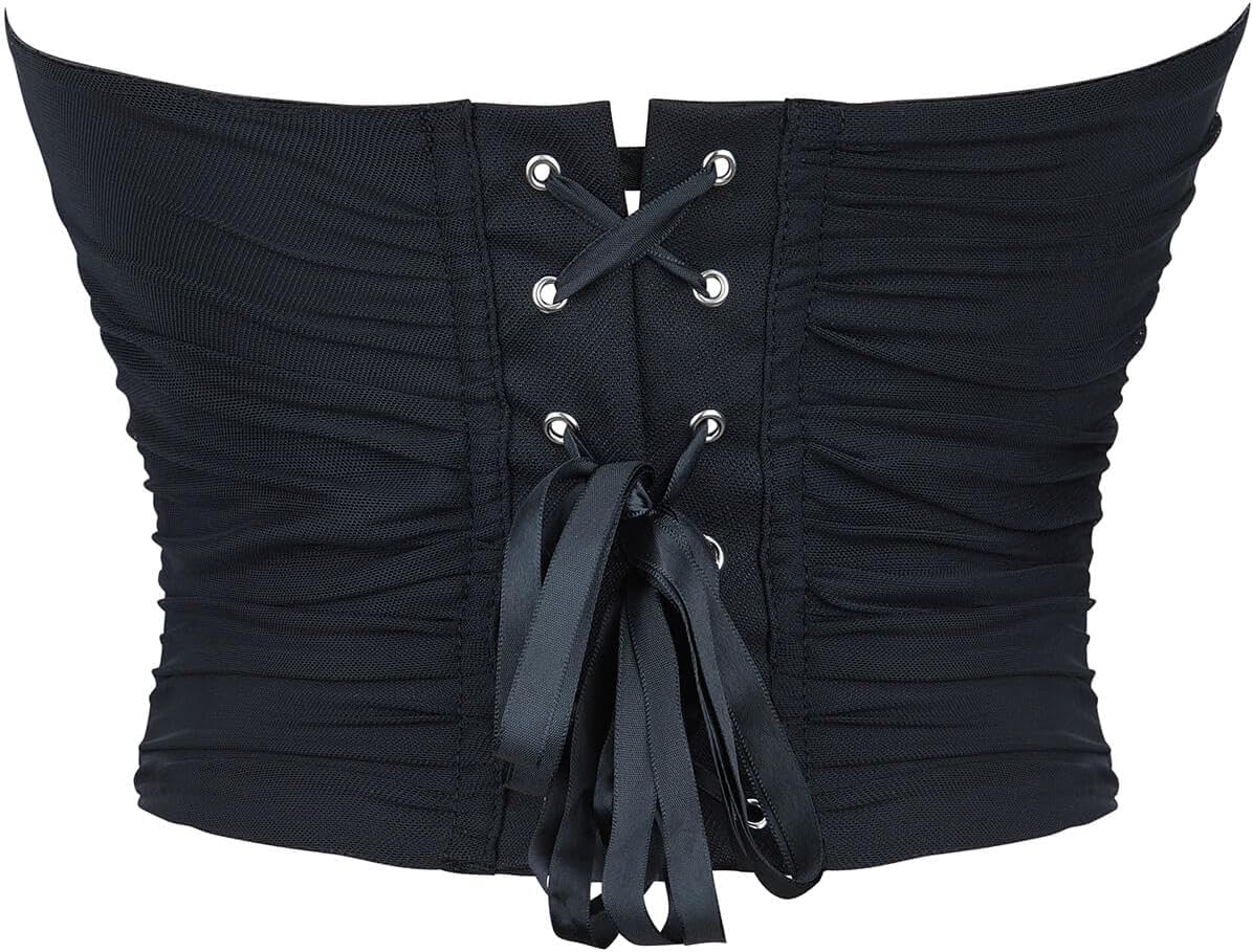 SHYMMUO Women Black Corset Tops Satin Summer Going Out Strapless Bustier Crop Top for Party,Gothic,Halloween Costumes - Image 4