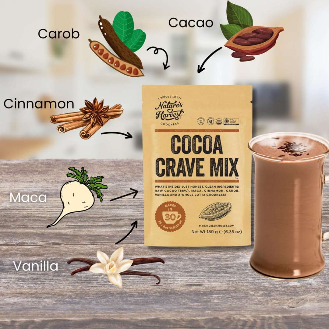 Nature's Harvest Cocoa Crave Mix - 5 Superfood Hot Chocolate Mix with Raw Organic Cacao Powder, Maca, True Cinnamon, Carob and Vanilla | Dark Chocolate Powder | Vegan, Gluten-Free, Unsweetened | 30 Servings