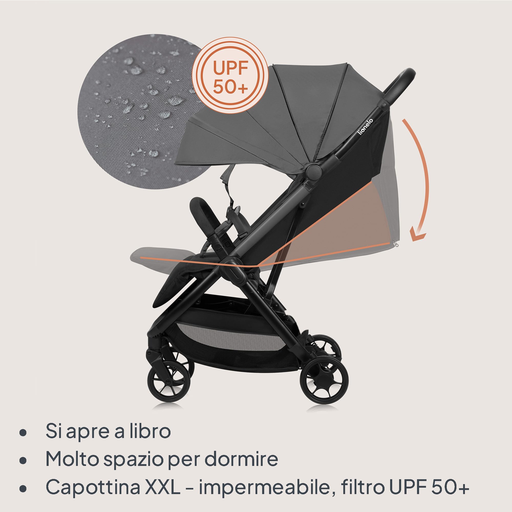 LIONELO Julie Air Passeggino da Viaggio per Aereo Pieghevole fino a 22 kg | Da 6 Mesi a 4 Anni, Leggero, Ruote Girevoli 360°, Sospensione, Chiusura a Una Mano, Schienale Regolabile, UPF50+