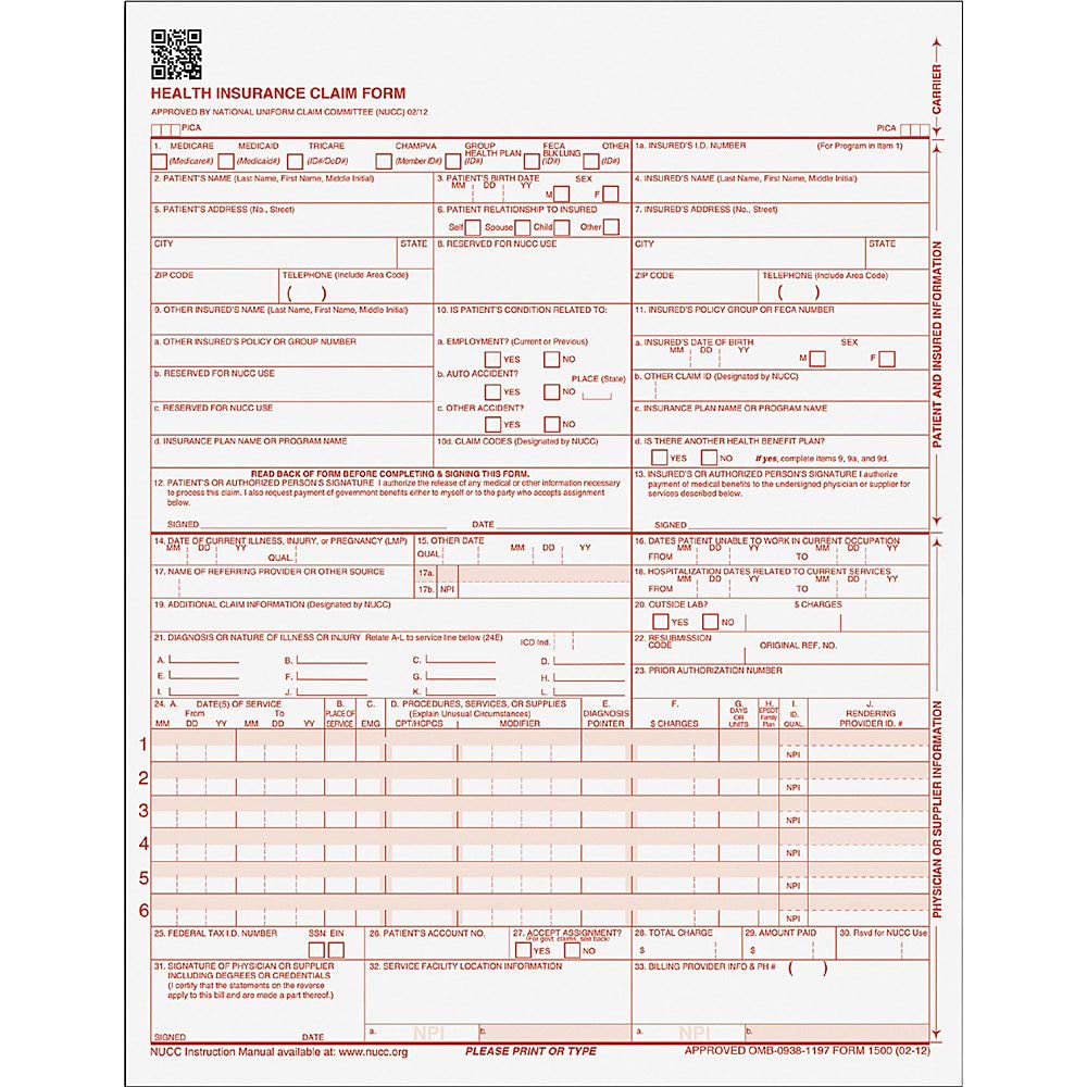 Tops Cms 1500 Health Insurance Claim Forms For Laser Printer ...