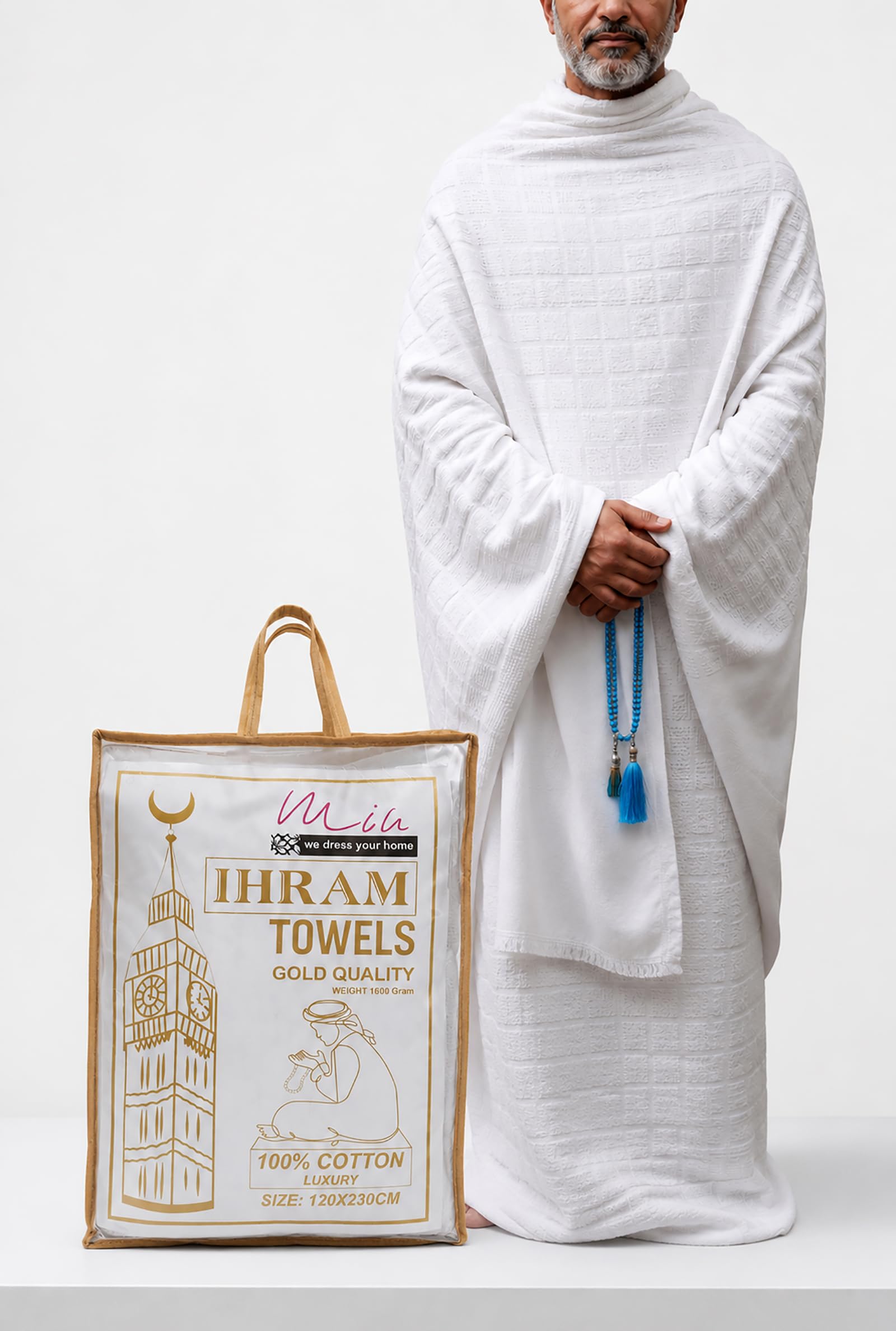 MGB Men’s Ihram Set for Hajj and Umrah – 2-Piece 100% Natural Cotton Towels (115 x 230 cm, 1700g) – White Hygienic, Soft & Quick Drying Ehram Ahram Clothing (White, 500 GSM - Gold Quality)