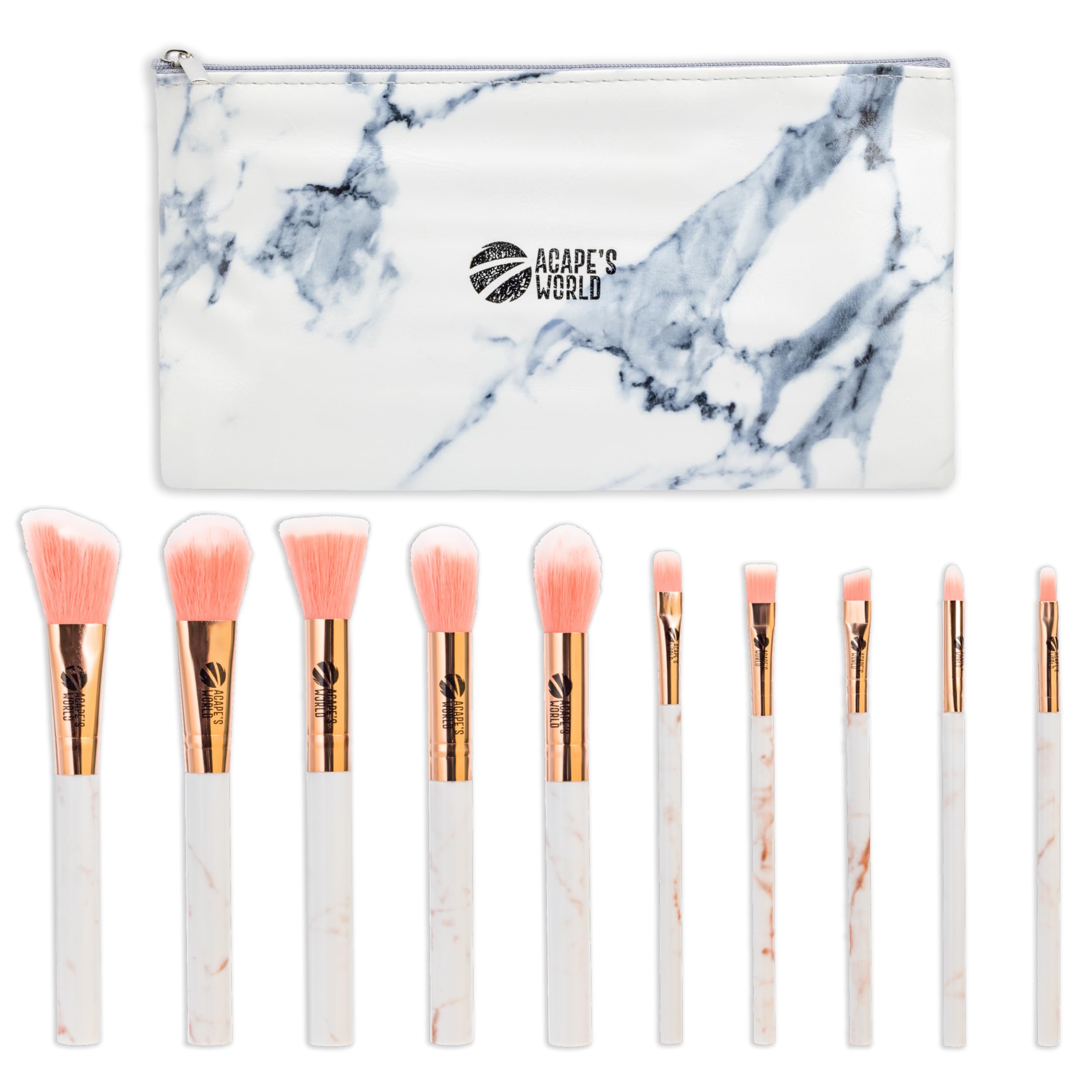 ACAPES WORLD Set of 11 Professional Make-Up Brushes, 2 Sponges and Makeup Bag - Make Up Brush Kit, White