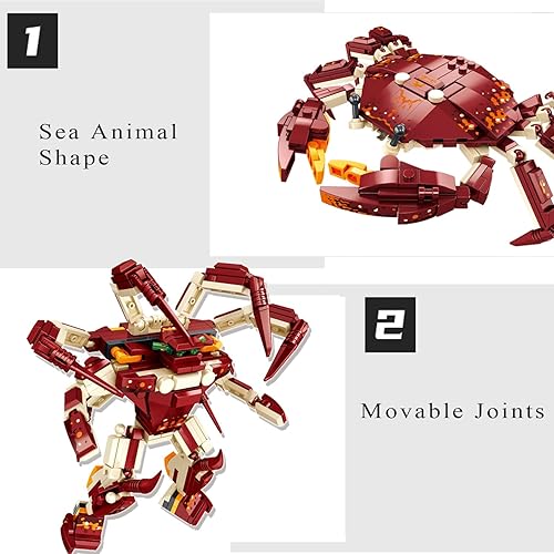 Miniatura 5 de ODIPON Juguete de construcción de criaturas marinas, juegos de bloques de construcción de animales oceánicos 2 en 1, figuras de cangrejo para niños