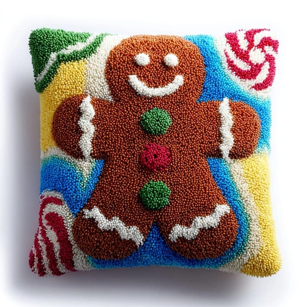 AxiangziK Latch Hook Pillow Kit 43x43cm,Cute Gingerbread man