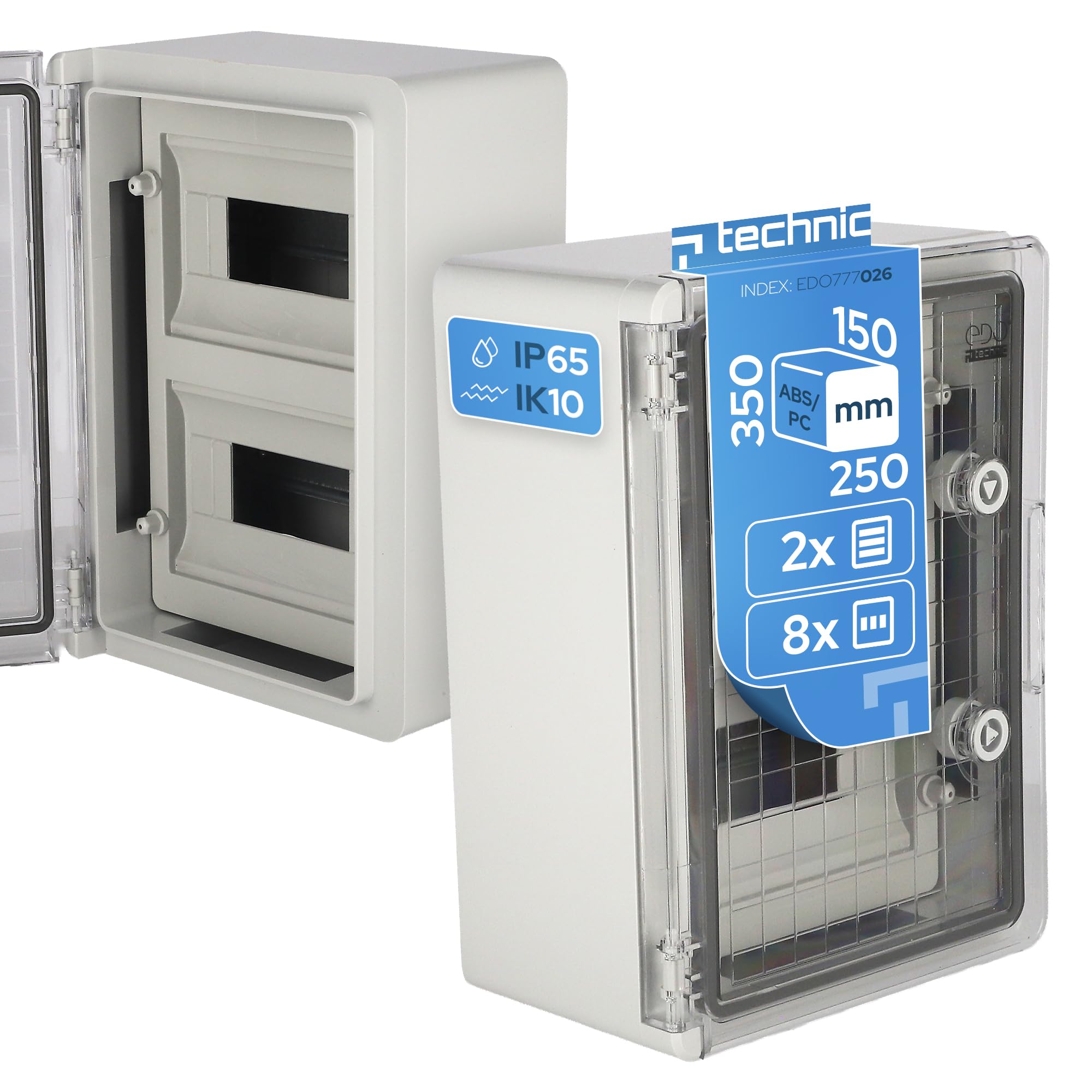 EDO Rozdzielnica Elektryczna Natynkowa ABS IP65 16 Modułów (2x8) 250x350x150 mm – Skrzynka Bezpiecznikowa z Szyną DIN, Transparentne Drzwiczki PC, IK10, Szara