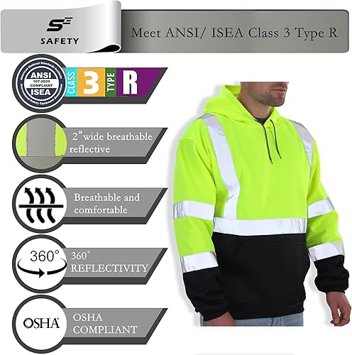Miniatura 38 de sesafety Sudadera de seguridad de alta visibilidad para hombre, sudadera con capucha reflectante con cremallera clase 3, sudadera con capucha