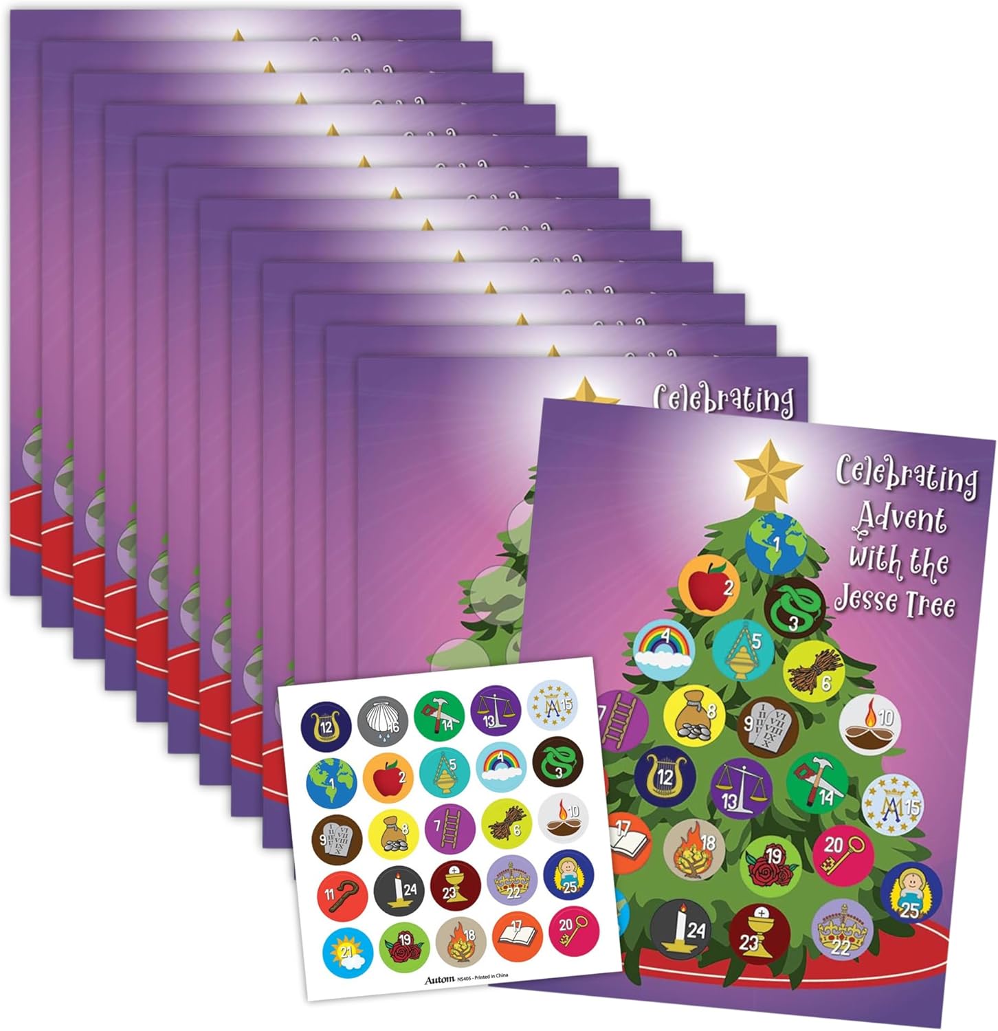 Needzo Jesse Tree Advent Sticker Activity, Religious Christmas Crafts, 8.5x11 Inches (Pack of 12)