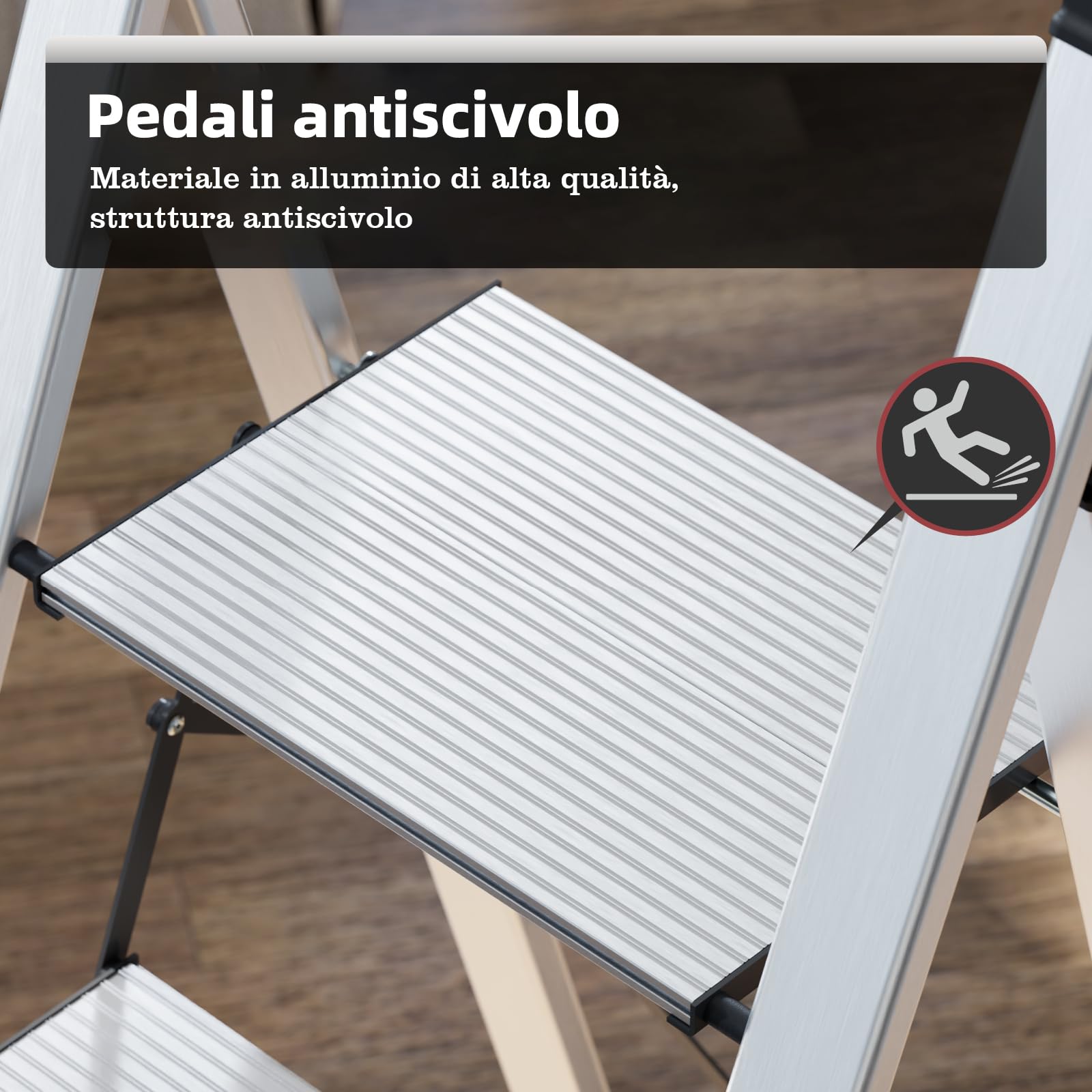 KINGRACK Scaletta 5 Gradini Pieghevole in Alluminio Leggera con Corrimano, Blocco di Sicurezza, Pedali Antiscivolo, Scala per Cucina Garage Casa, Salvaspazio Robusta e Portatile Massima 150kg, Argento