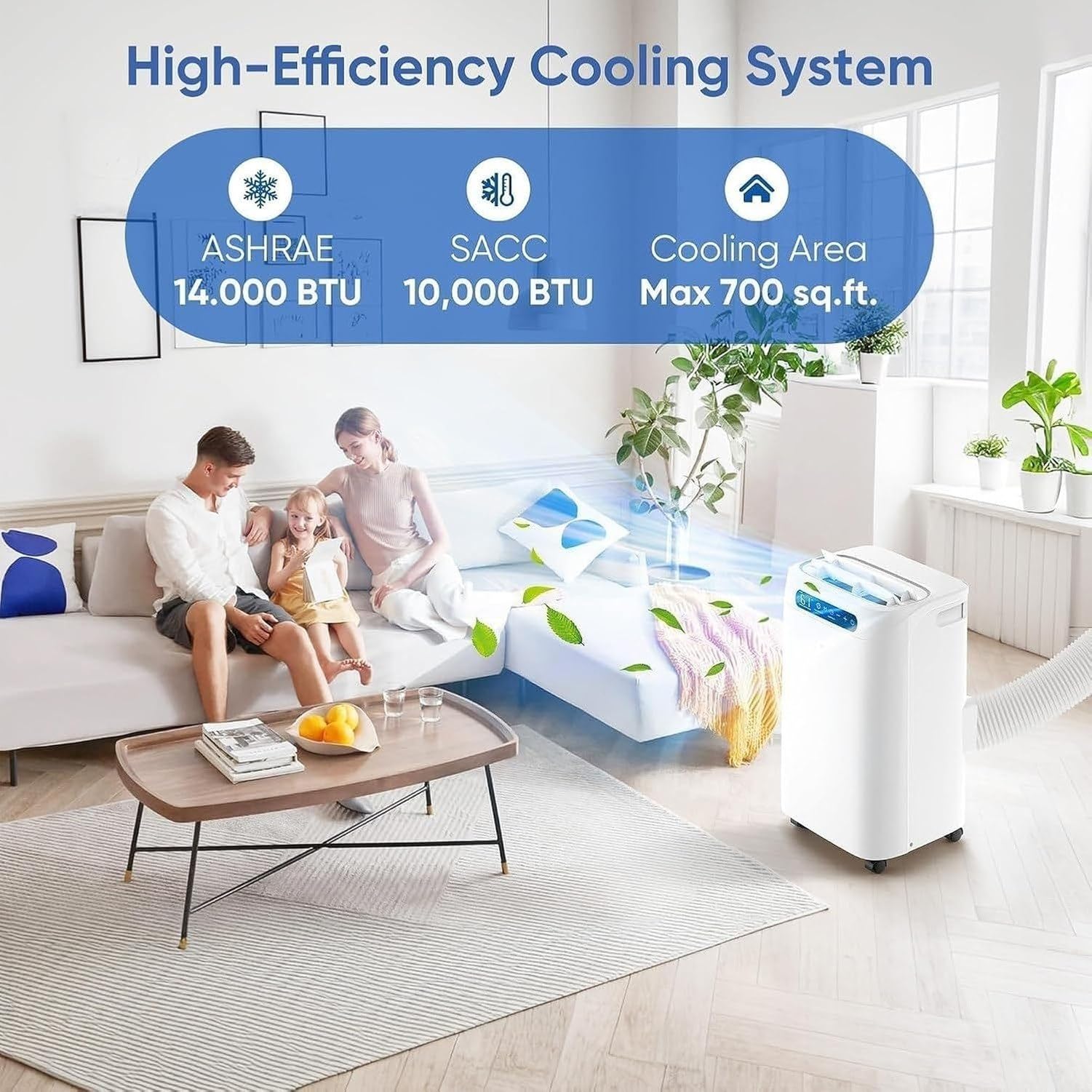 Aire Acondicionado Portátil 14000 BTU Enfriador para Habitaciones Grandes hasta 700 sq ft, con Control Remoto, Deshumidificador, 3 en 1, Temporizador y Kit de V