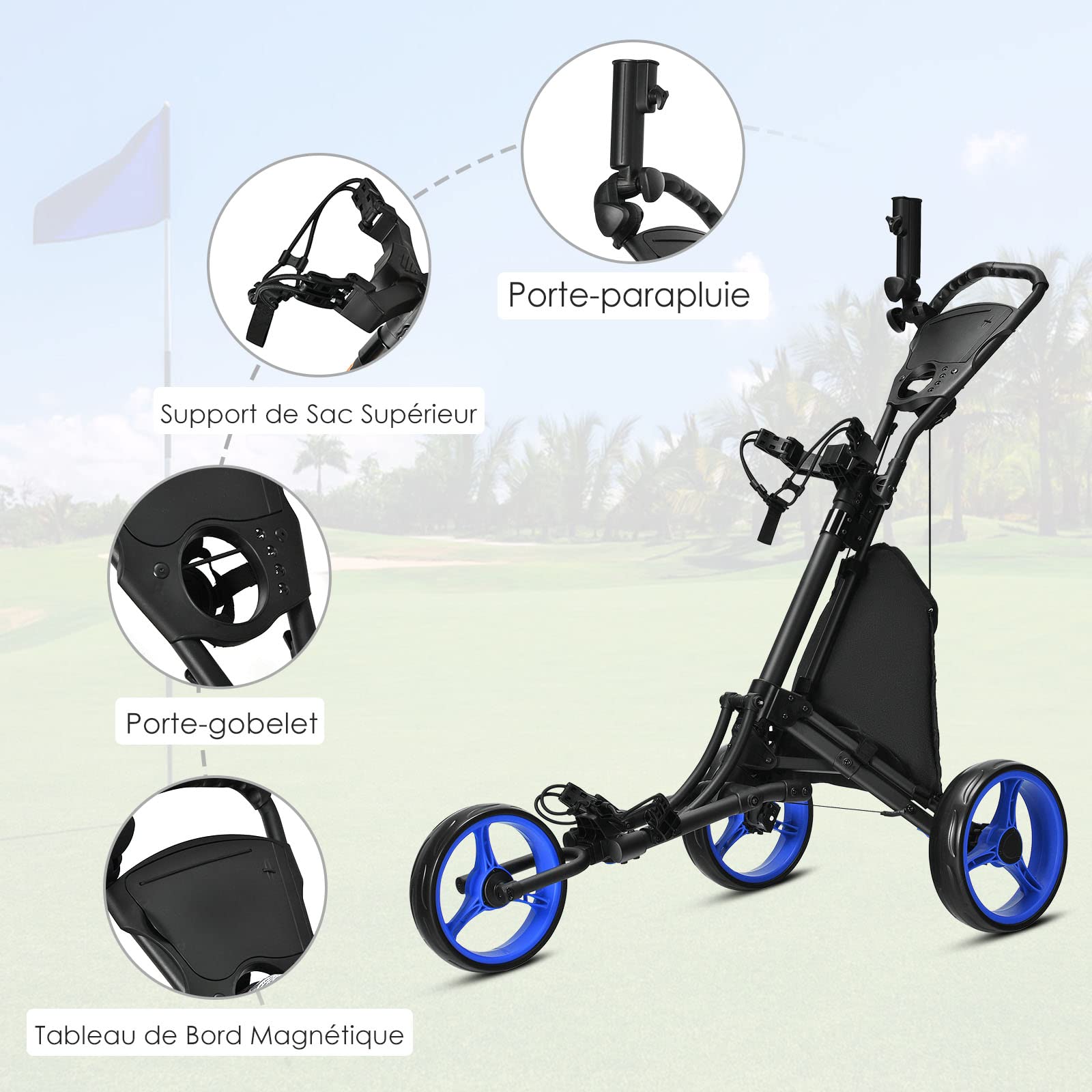 GOPLUS Chariot de Golf Pliable à 3 Roues, 4 Positions de Hauteur Réglables, Cadre en Alu, Porte-ombrelle Réglable, Sac Étanche, Frein à Pied, 121 x 70 x 116 CM