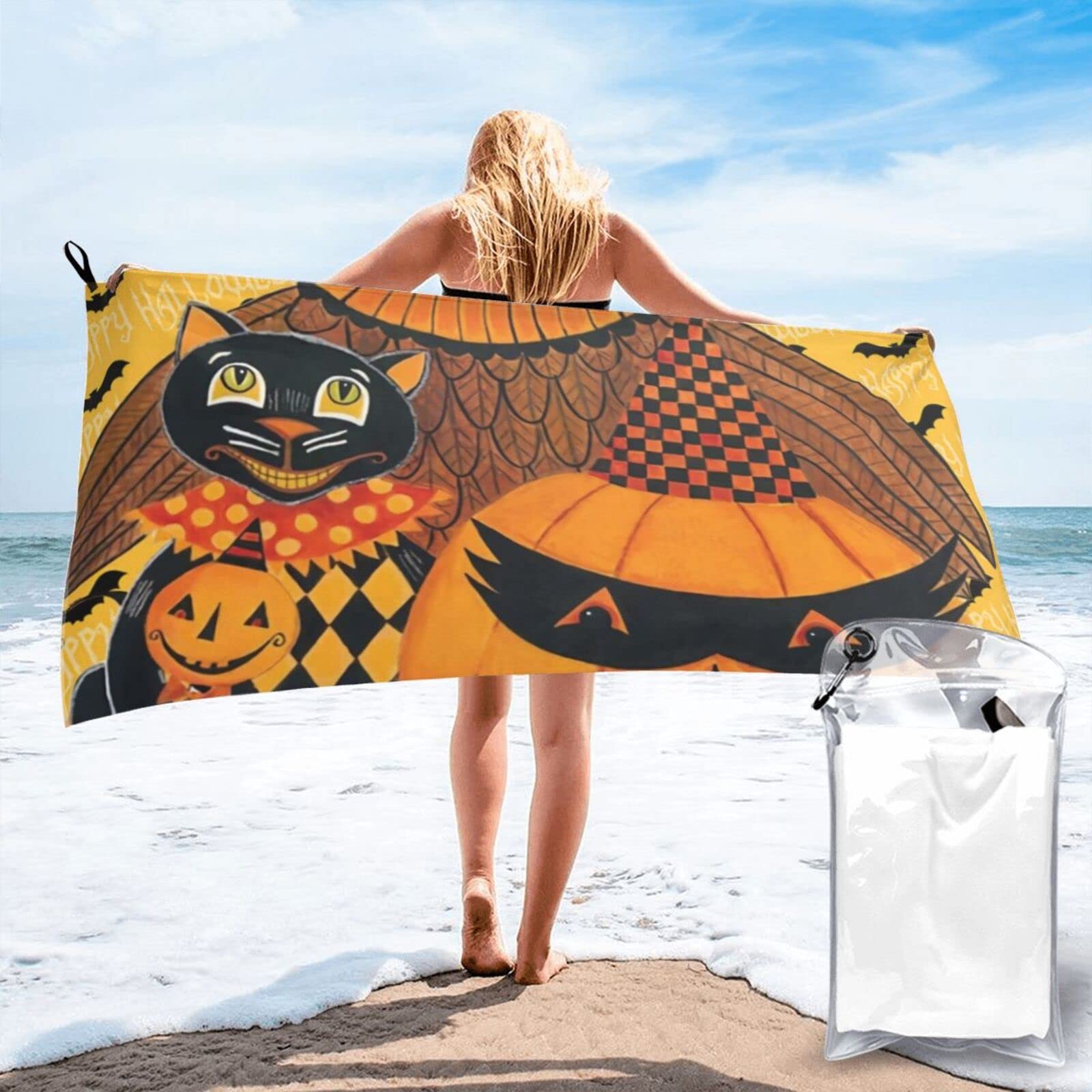 Lawenp Happy Halloween Pumpkin Microfiber Beach Towel Adults Large Quick Drying Bath Towel Travel Towels with Pouch 31.5"x63"
