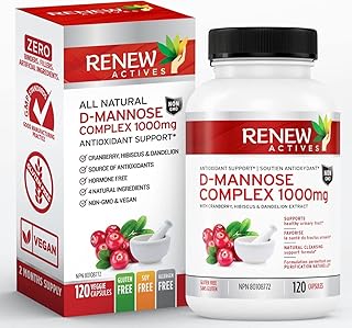HIGH POTENCY Renew Actives D-Mannose & Cranberry Complex 1000MG – Urinary Tract Support! With Premium Hibiscus, Dandelion Herb Extracts – Antioxidant Support. NON-GMO. Vegan - NO ARTIFICIAL FLAVOURS - Made in Canada. Easy to Swallow Capsules!.