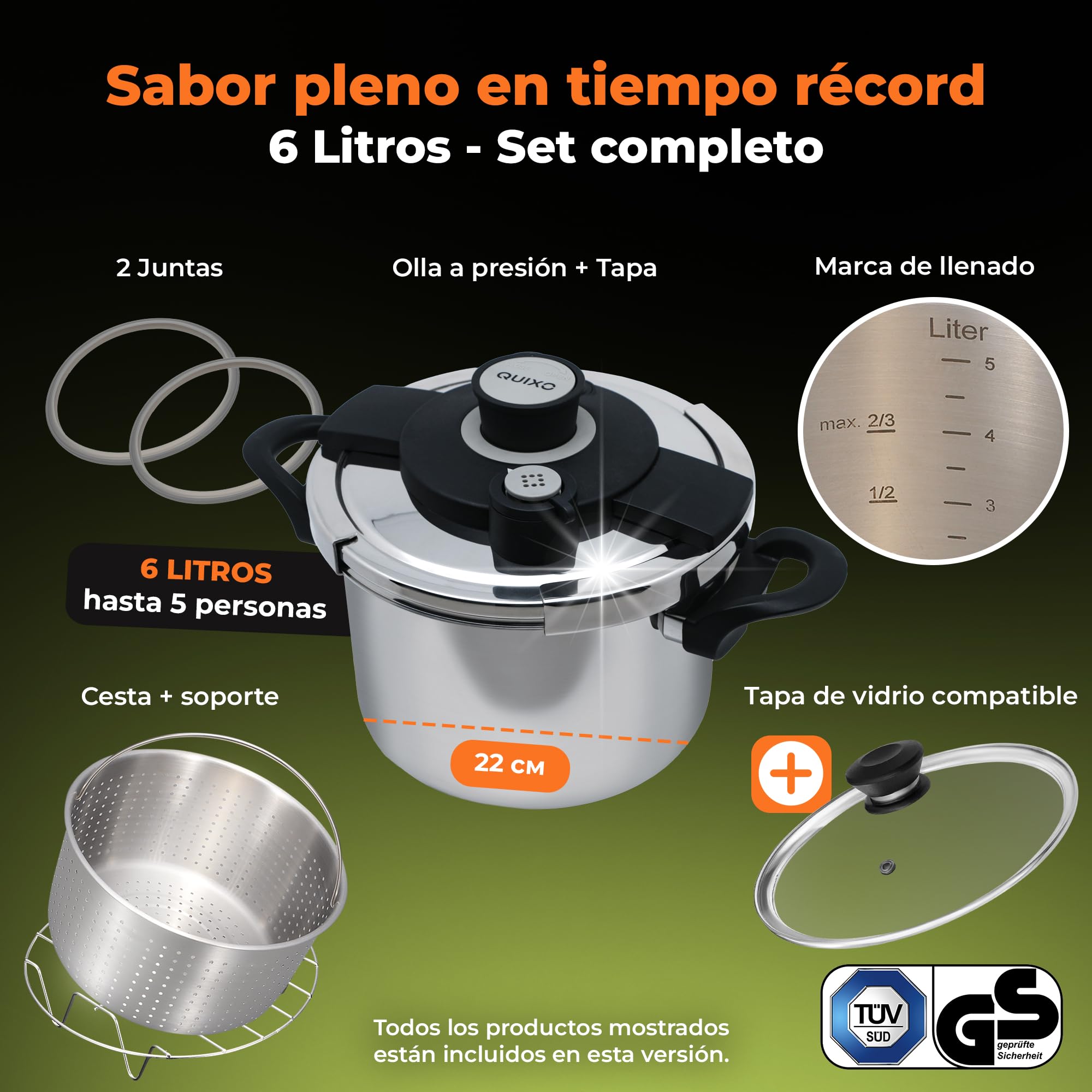 QUIXO Olla express 6l Pressure cooker Inducción (6L Set + Tapa vidrio) | Cierre QuickSafe con señal de cocción