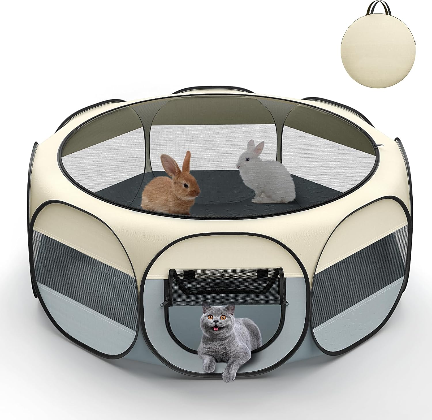VavoPaw Small Animal Playpen, Chicken Brooder Box with Cover Top, Portable Outdoor Exercise Pet Cage Tent, Waterproof Breathable Pet playpen Indoor for Chick Ktiien Bunny Hamster Guinea Pig,Beige+Gray