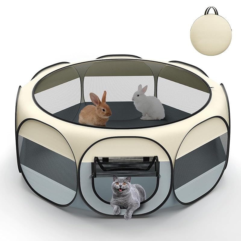 Cercadinho Octagonal para Pequenos Animais VavoPaw com Cobertura, Bege + Cinza, 1 unidade