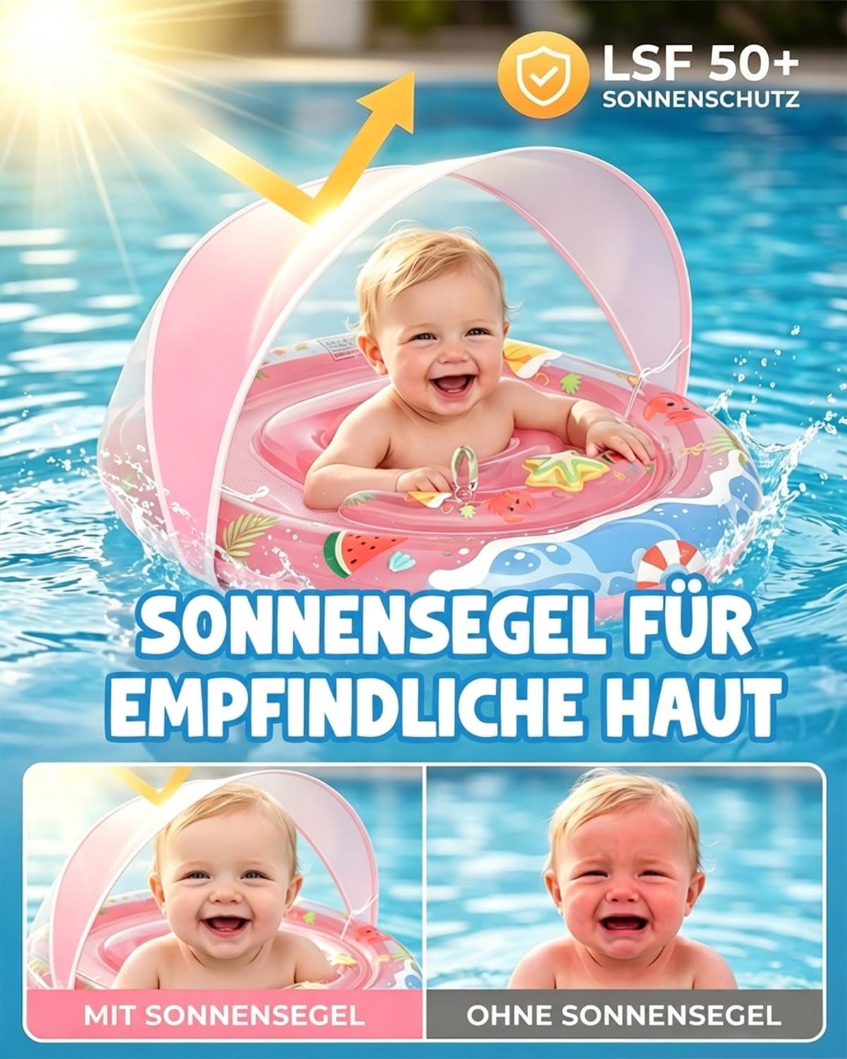 Schwimmring Baby, Aufblasbarer Baby-Schwimmkörper mit UPF50+ Sonnendach, Doppelkreis Design, Verstellbarer Sicherheitssitz, Kippschutz, Schwimmhilfe Kinder ab 6-36 Monate