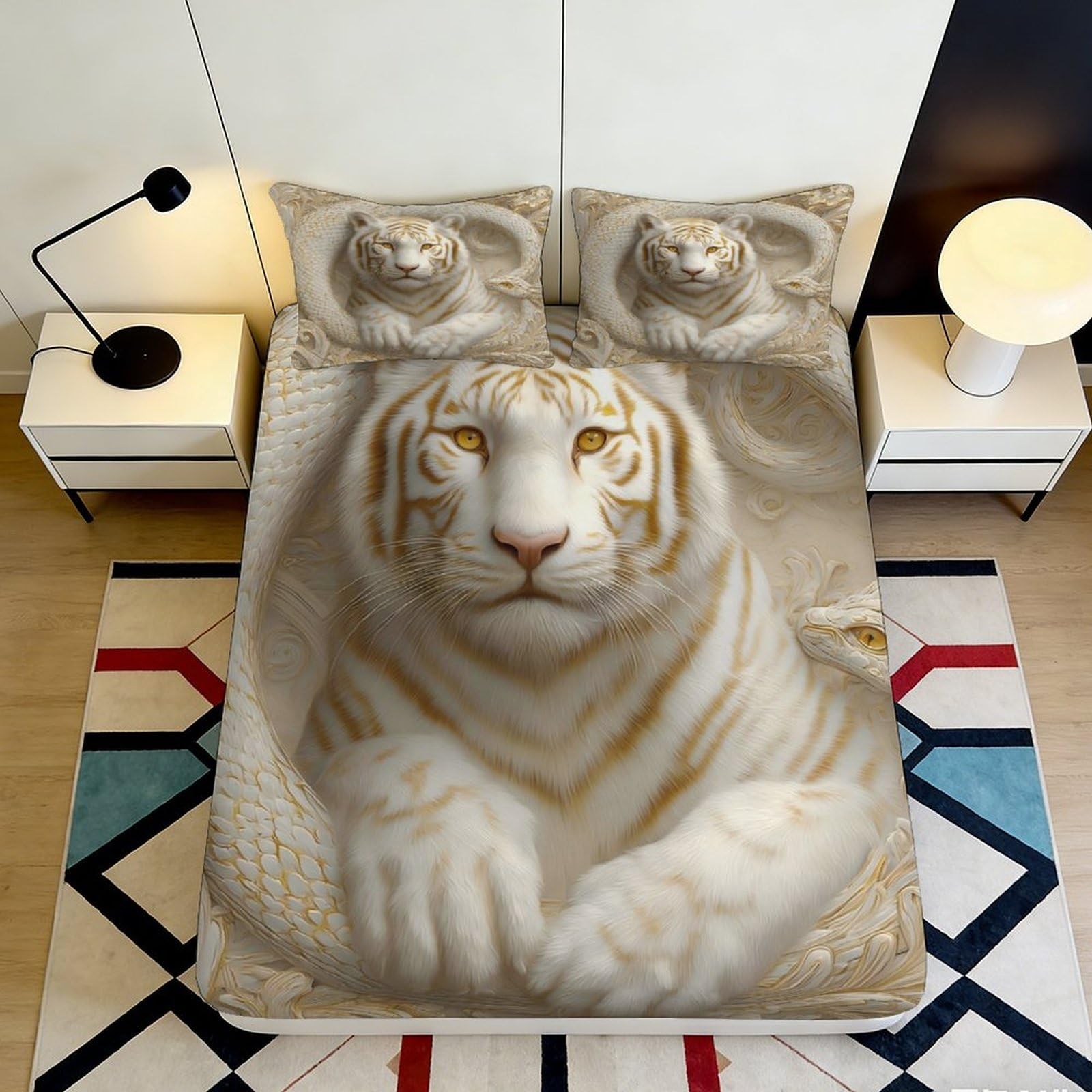 3D Printed White Tiger Fitted Sheet Microfiber Soft Breathable 3D Printed Snake Mattress Cover for Bedroom Dormitory Guest Room Mattress Protection 160x200x25cm
