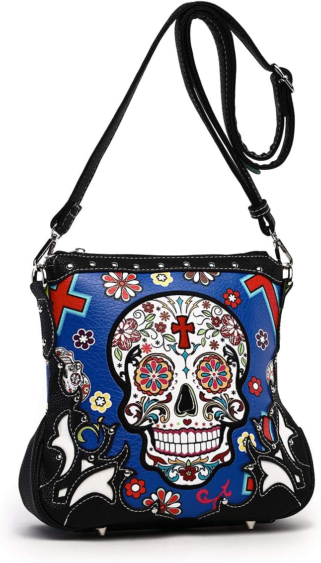 Sugar Skull Day of the Dead Cross Bone Rock Metallic Purse Skeleton Leather Purse Women Crossbody Handbag Shoulder Bag