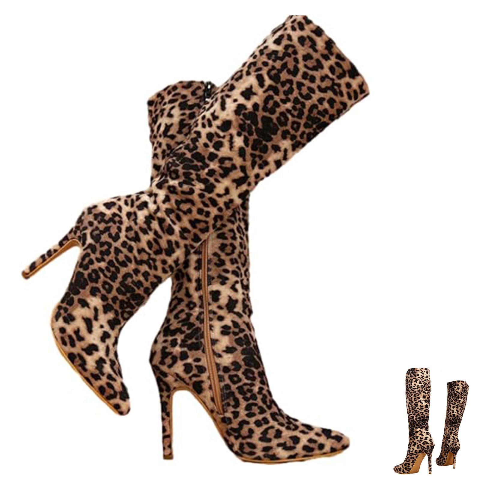 Womens Stiletto High Heel Knee High Boots Leopard Pointed Toe Side Zip High Heel Animal Print Wide Calf