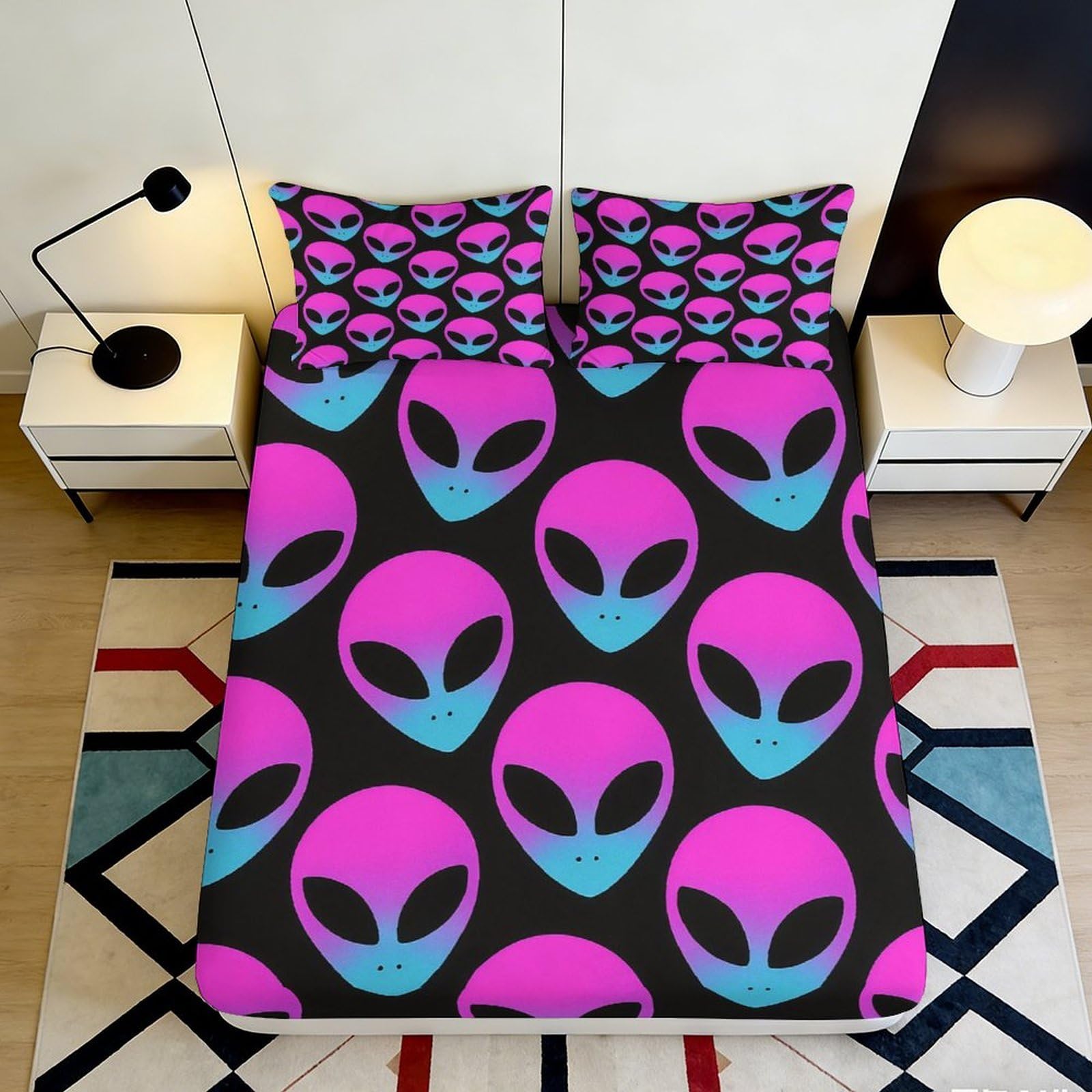 Pnayamiorkfel Style-7 3D Printed Neon Alien Face Fitted Sheet Microfiber Soft Anti-Slip Bed Cover For Bedroom Dorm Easy Care Decor 90X200x25cm