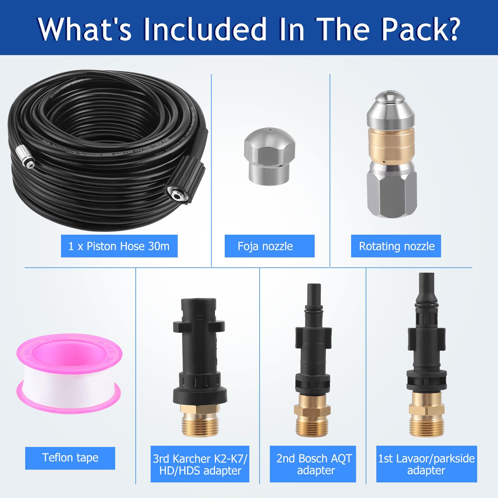 Sonda Sturatubi per Idropulitrice, 30M Tubo per Idropulitrice 400 Bar/5800 PSI con 3 Adattatori, 2 Ugelli e 1 Nastro in Teflon, Compatibile con Kärcher K2-K7, Lavor, Bosch, Parkside per Uso Domestico