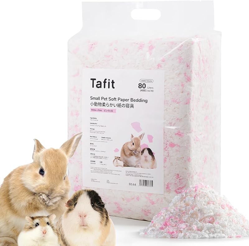 Ropa de cama de papel natural suave 99% libre de polvo con control de olores, para hámsteres, cobayas, conejos, chinchillas, ratas, ratones, jerbos, conejitos, roedores, animales pequeños, 80 litros (blanco + rosa)