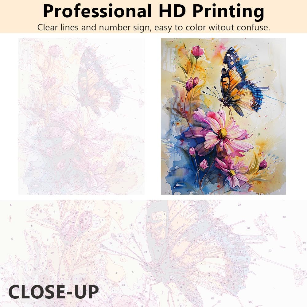 Colorful Butterfly Adult Paint by Numbers Flowers Paint by Numbers Butterfly on Flowers DIY Paint by Numbers for Adults Oil Painting with Brushes and Pigment Draw Home Wall Decoration 16x20 Inch