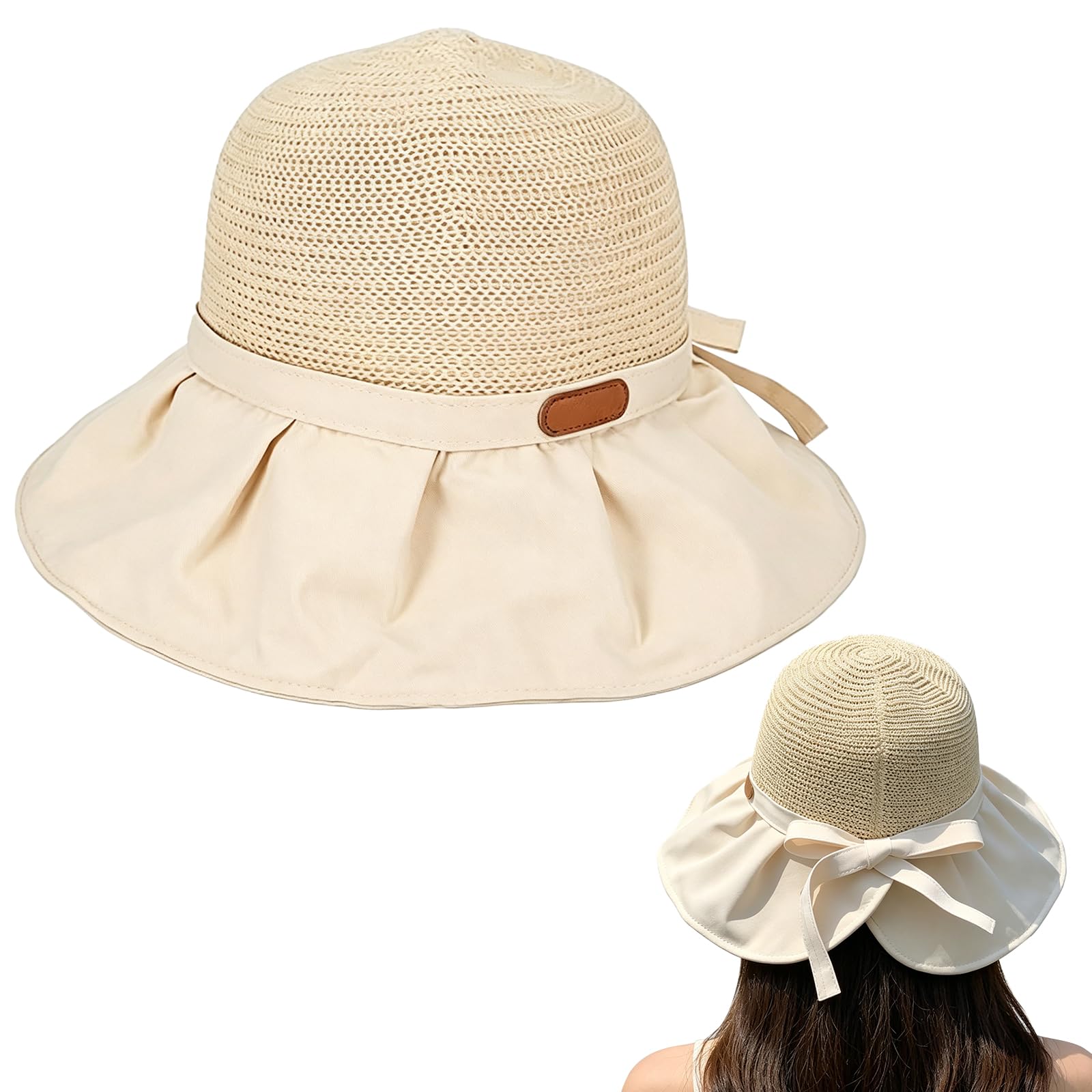 Amoturuxient Women's Beige Sun Hats For Uk, Wide Brim Bucket Straw Hat Foldable Packable, Summer Beach Hat Uv Protection Outdoor Travel Camping Sunhats With Bowknot (Beige)
