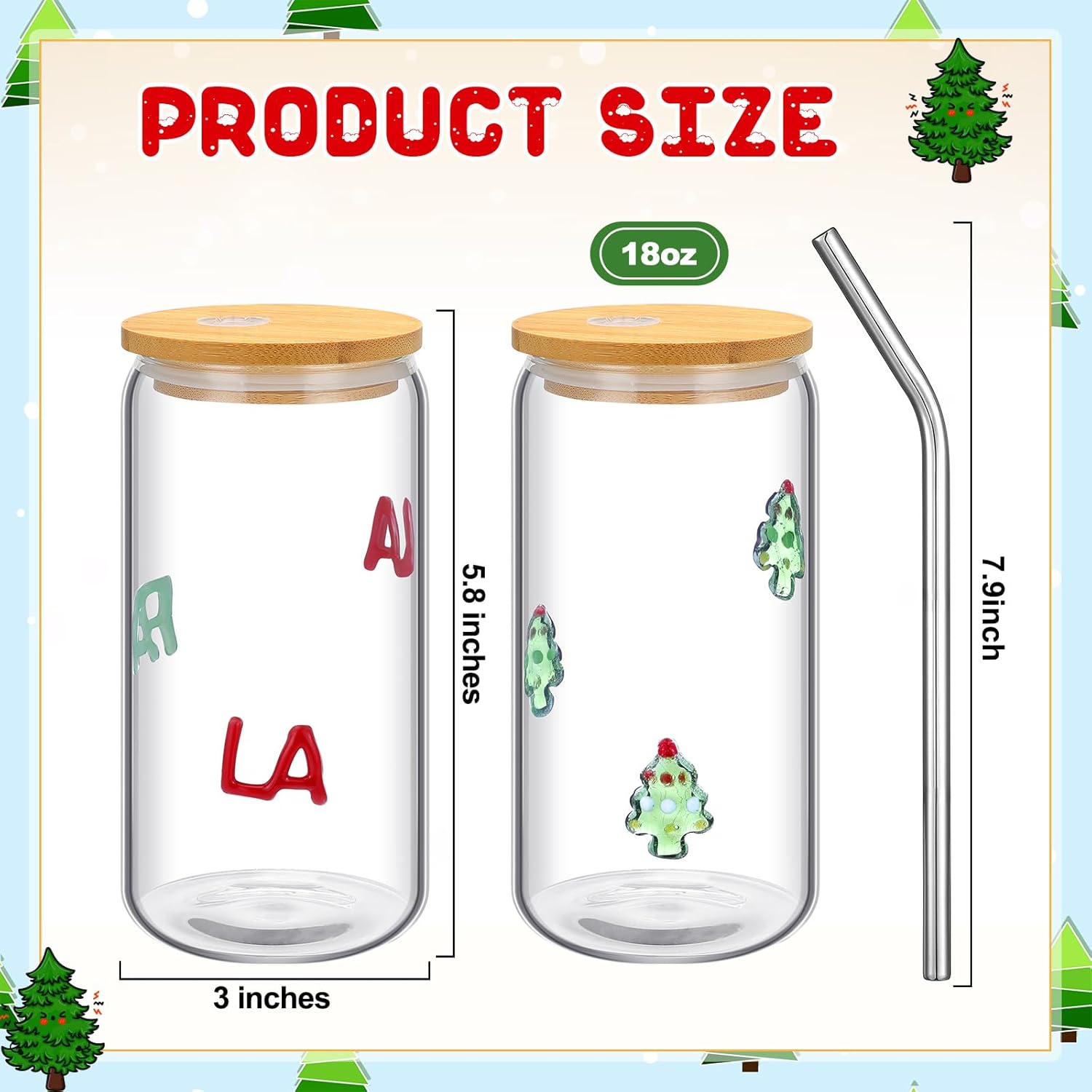Honeydak 2 Pcs Christmas Icon Juice Glass Tumbler with Lid and Straws - 18 oz Christmas Tree & FA LA LA Drinking Glasses Coffee, Beer, Soda, Juice Cups for XMAS Party Supplies Gift