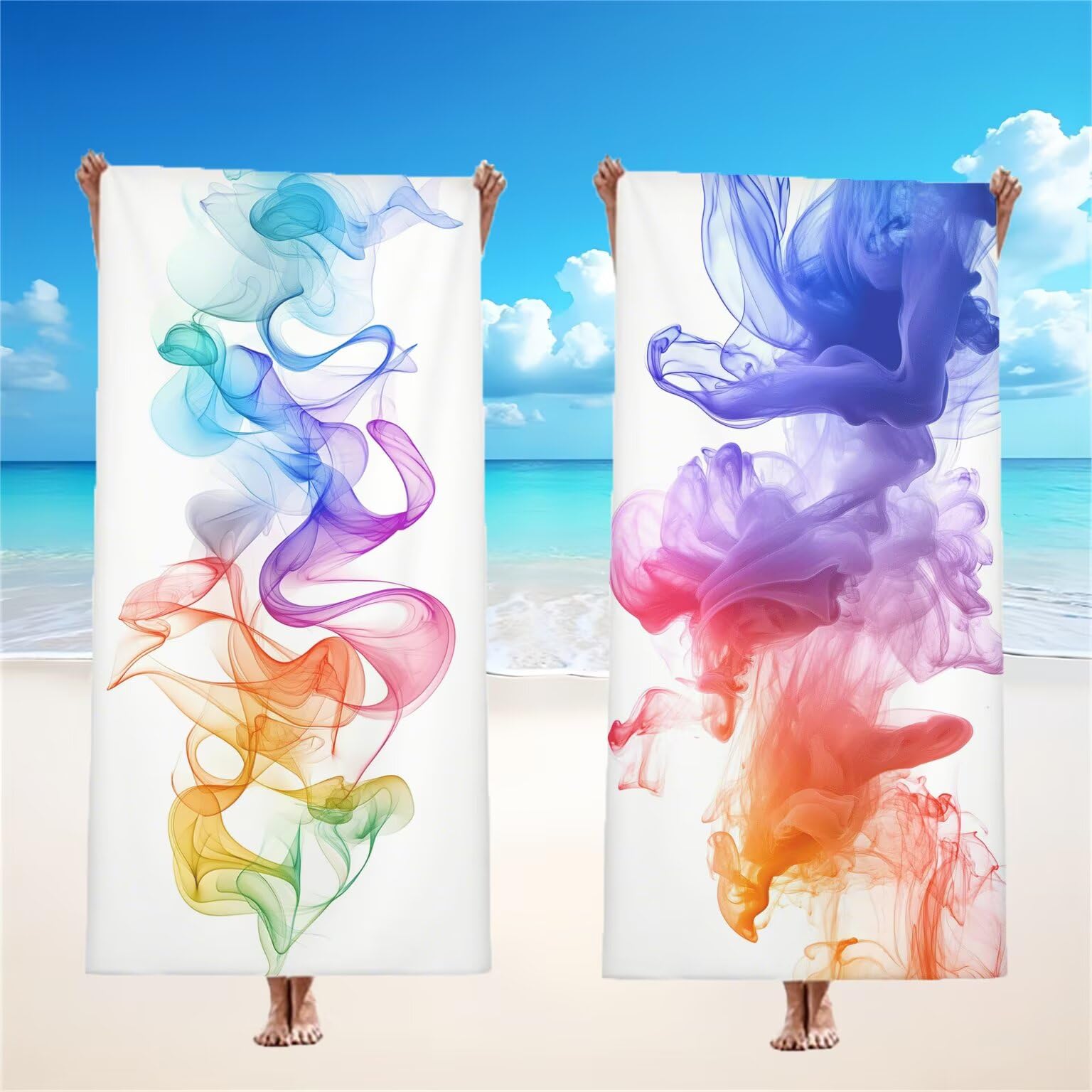 Serviette de Plage 90x180cm, Couleur Serviette Microfibre Lot de 2 Abstrait Motif Ultra Absorbantes Séchage Rapide Anti Sable Légère Drap de Plage Bouton Pression Design pour Piscine Sauna, Model602