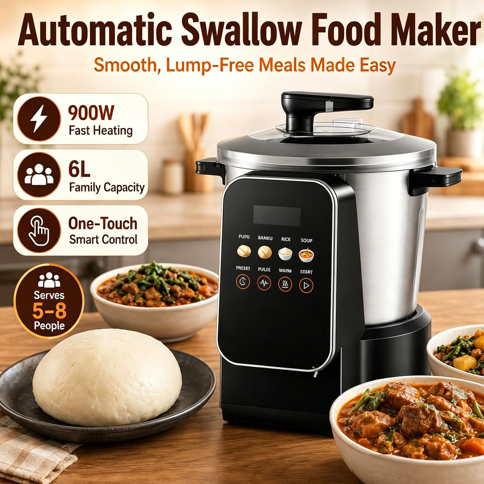 Fufu Maker 900 W, 6 l, automatyczny robot kuchenny do naczyń afrykańskich, ekran dotykowy LED, łatwy do czyszczenia, stal nierdzewna, idealny do Yam, Ugali, Amala, semoliny