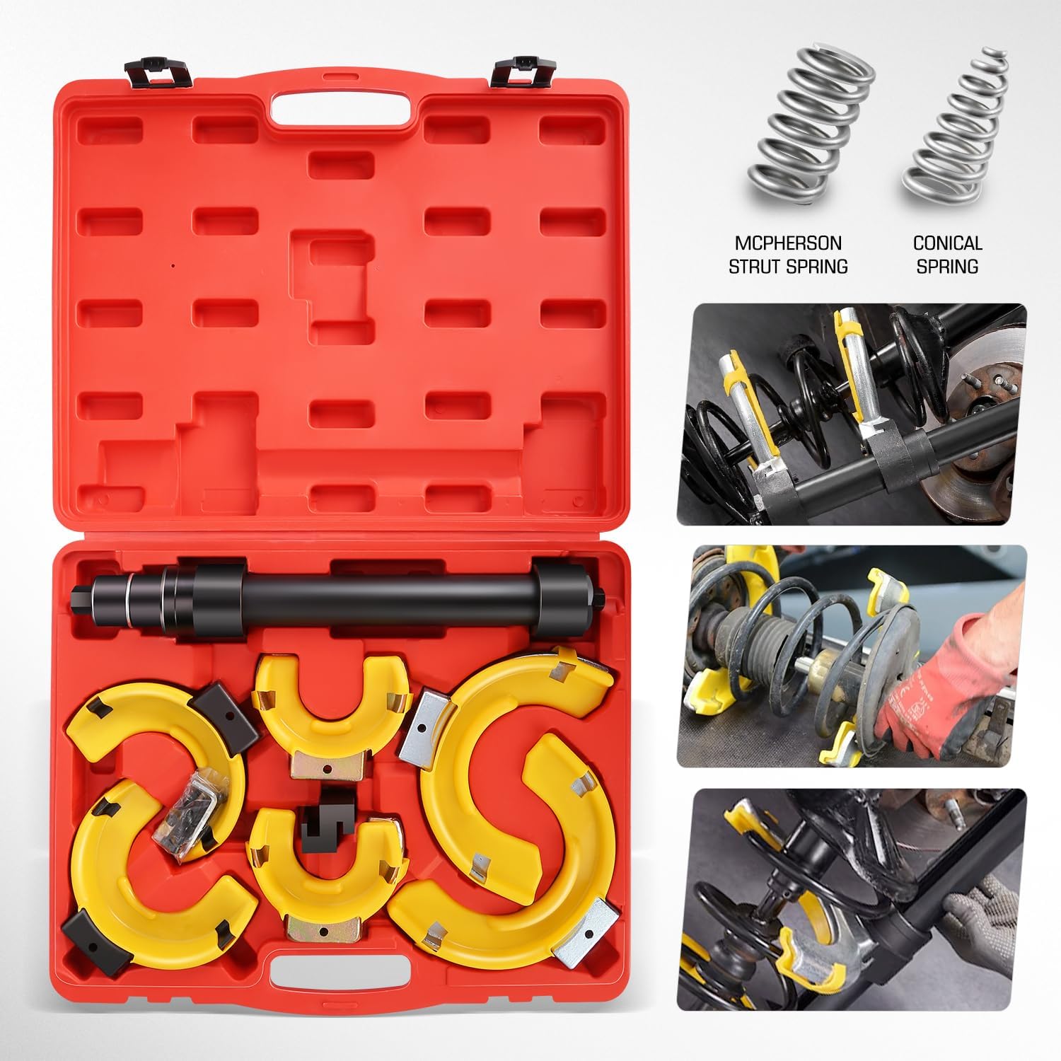 DNA MOTORING Interchangeable Universal Strut Spring Compressor Kit, Fork Strut Coil Extractor Tool Set with Safety Guard and Storage Box, TOOLS-00784