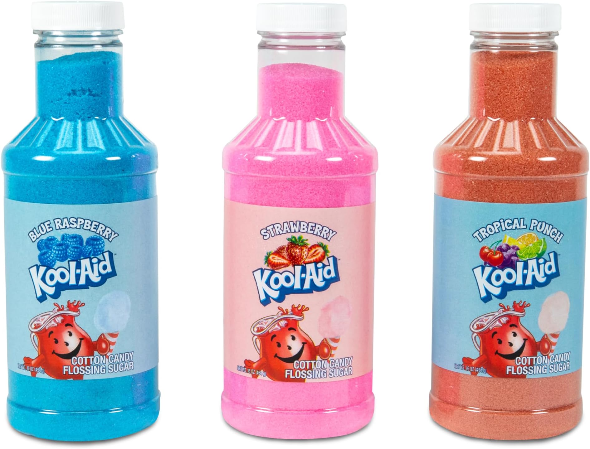 Nostalgia Kool-Aid Cotton Candy Variety Kit – 3 Flossing Sugar Flavors (Blue Raspberry, Strawberry, Tropical Punch) – 7-oz Bottles – Compatible with Cotton Candy Makers – Party Supplies