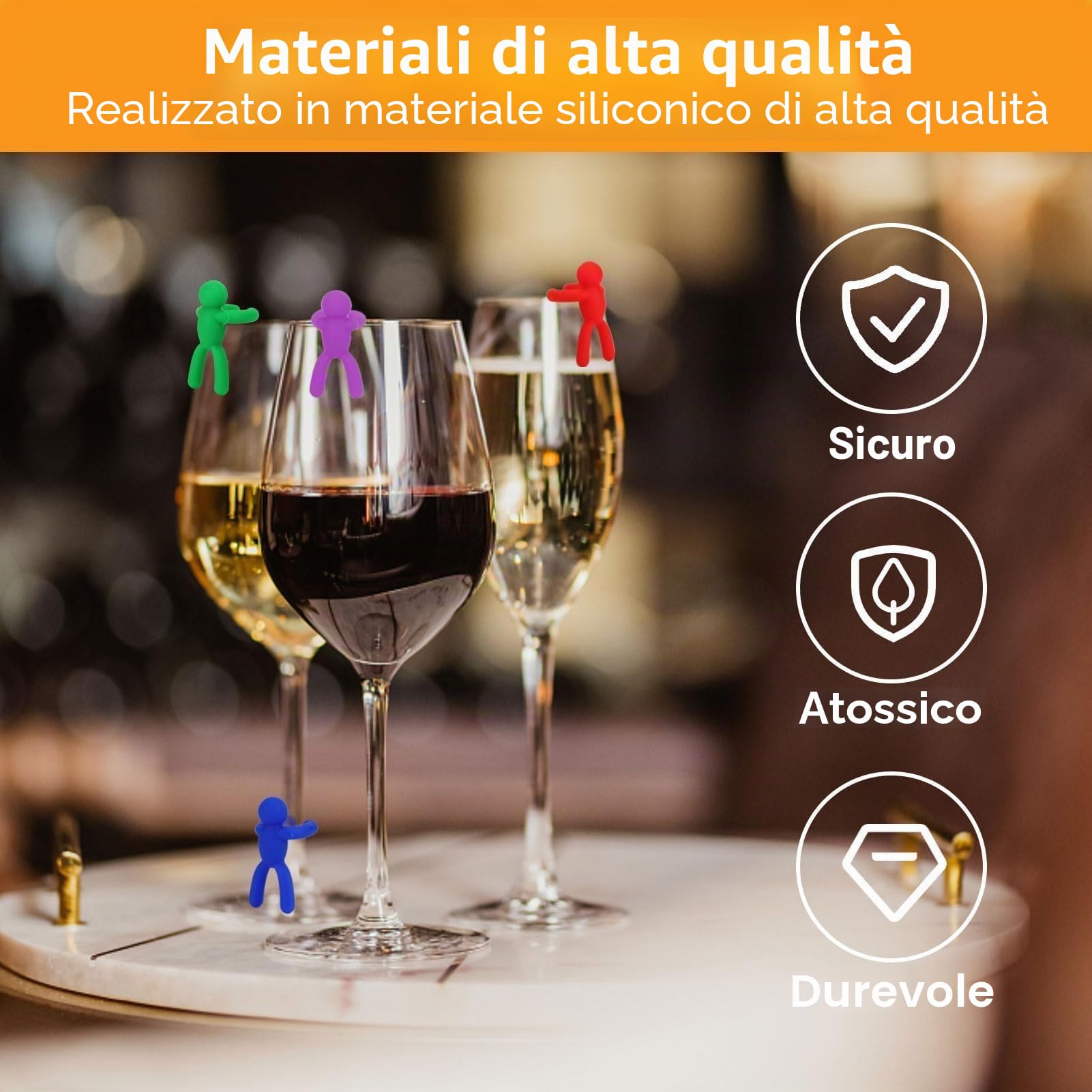 Set di marcatori per bicchieri da vino per feste, identificatori di bevande in vetro riutilizzabili in silicone Marcatori per cartellini per flauti di champagne Cocktail Martini