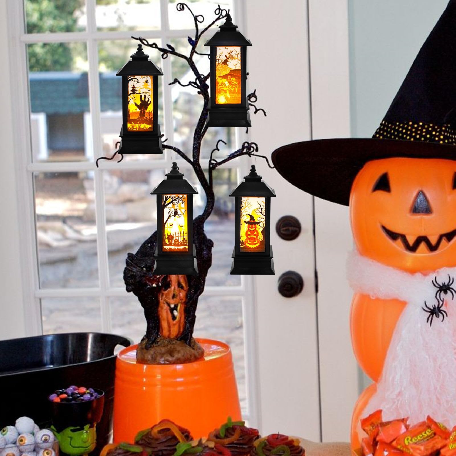 4 Stück LED-Laternen für Halloween, Halloween-Laternen, LED- Laternen für den Außenbereich, für hängende Laternen zu Hause, dekorativ, batteriebetrieben