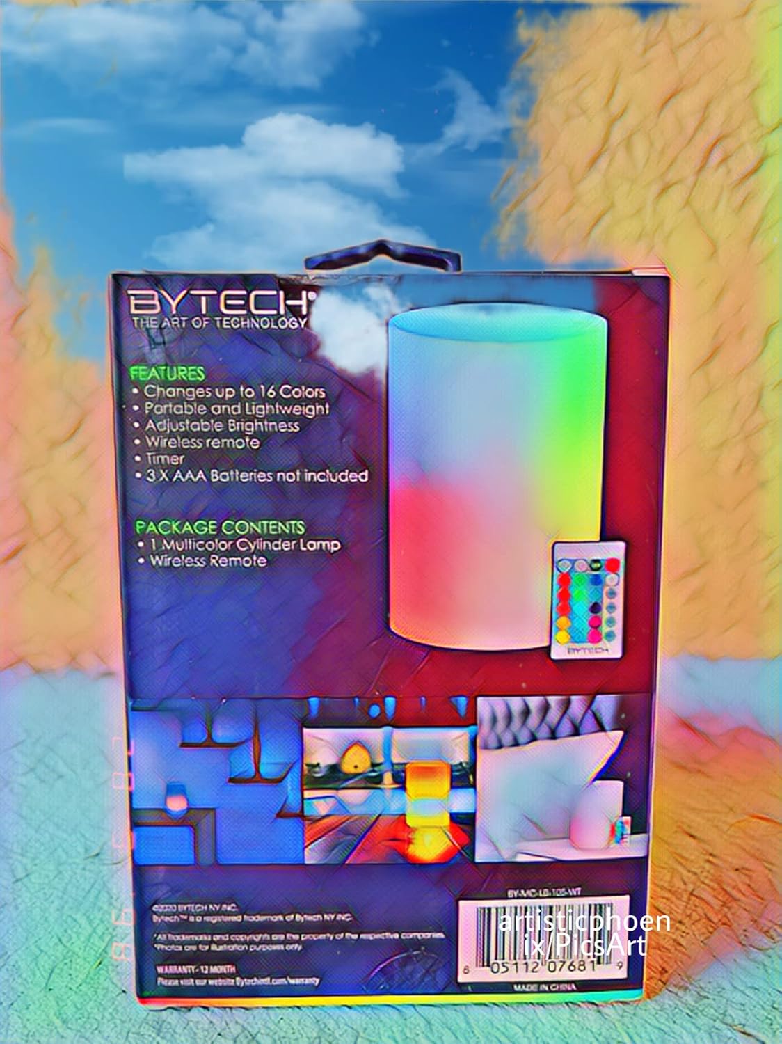 BYTECH Multi Color Cylinder Lamp product box showing contents