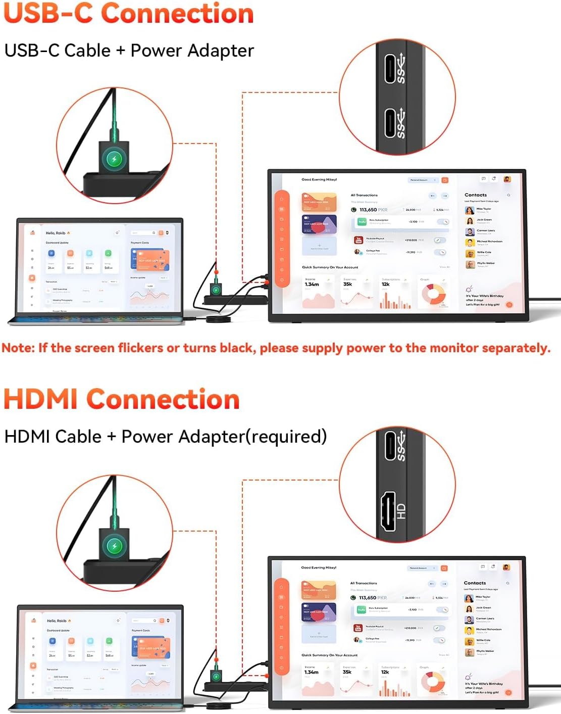 HotYeah 23.8 100Hz Portable Monitor, 1080P FHD 100% sRGB IPS USB-C HDMI Large External Monitor, Home Gaming 2nd Screen w/180° Adjustable Kickstand for MacBook, Laptop, PC, Phone, Tablet, Switch, PS5