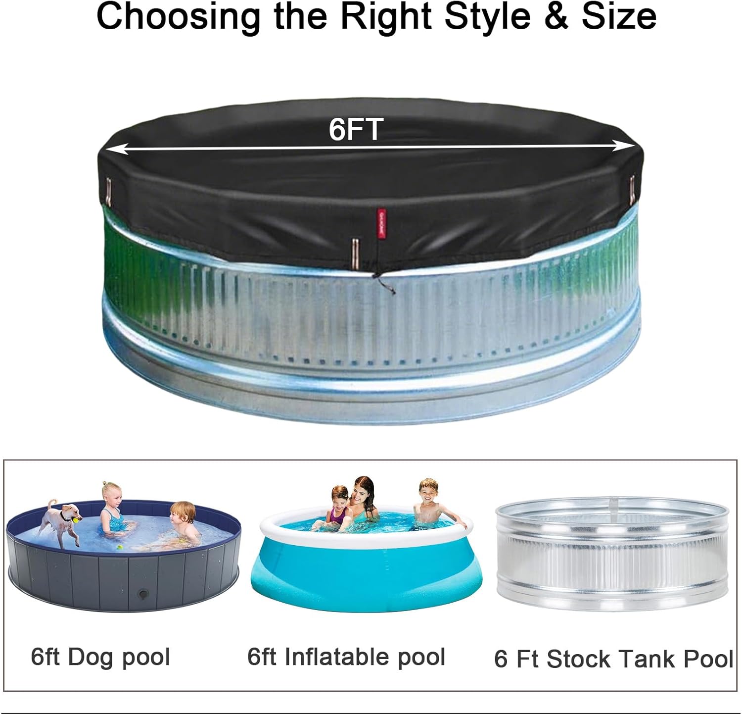 QH.HOME 6 ft Round Pool Cover,Stock Tank Pool Cover - Black Oxford Fabric Heats Water, Blocks Leaves & Sun, Windproof Snug Fit with Drawstring & Weight Rings