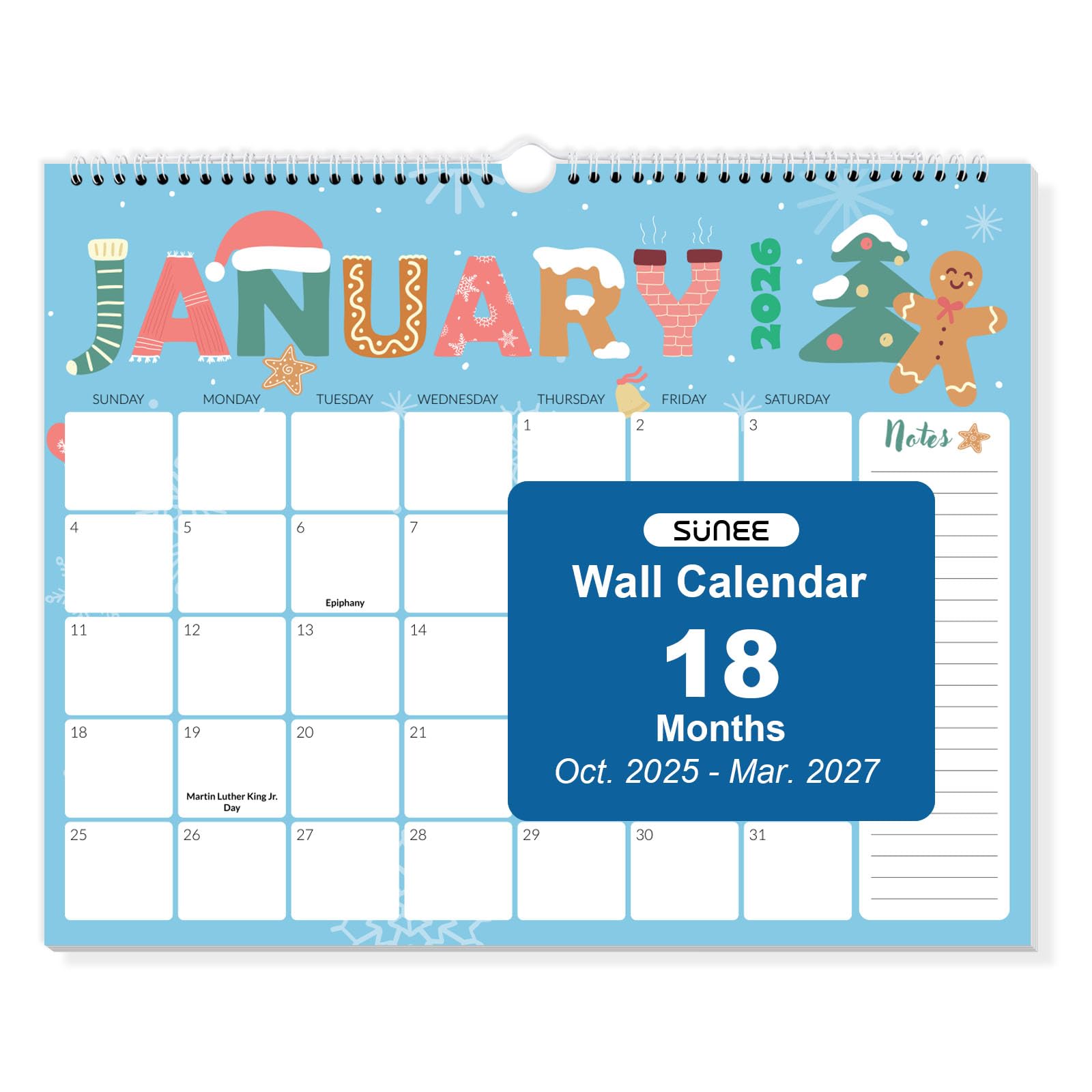 SUNEE 2026 Calendar- 18 Months Oct. 2025 - Mar. 2027, 14.5"x11.5" Big Grid Hanging Calendar 2026 with Note for Organizing & Planning, 2026 Wall Calendar with Note, Cute Cute 14.5x11.5