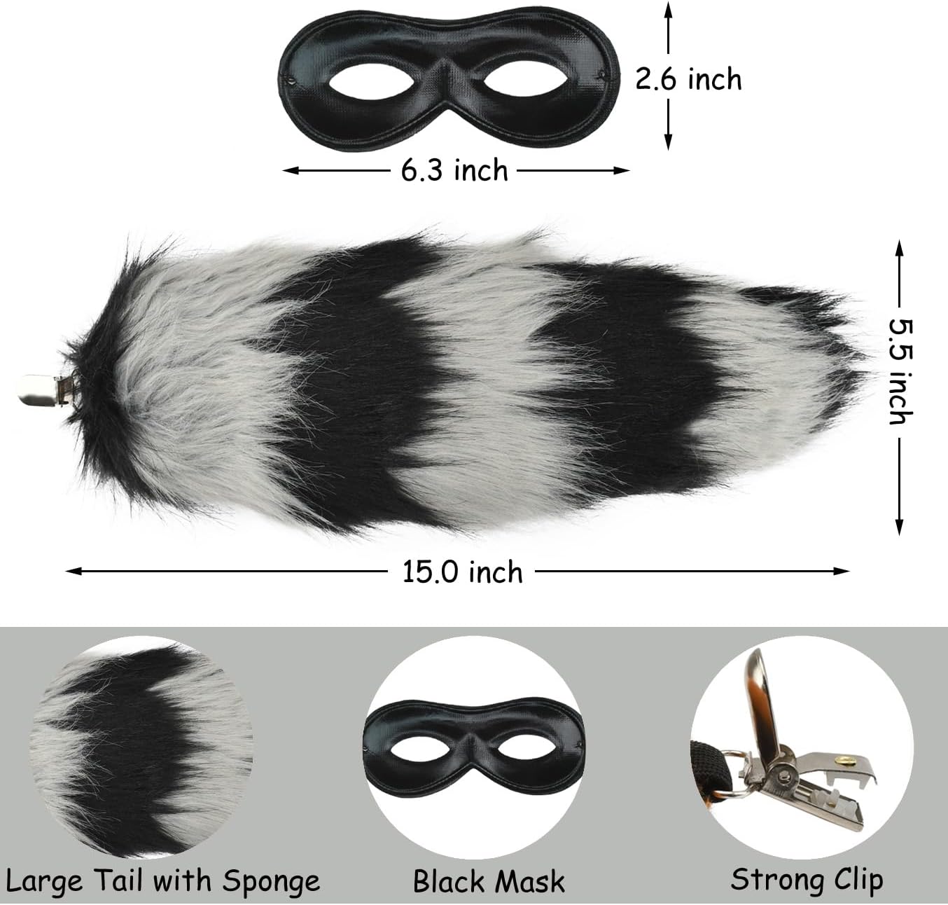 Halloween Costume Raccoon Set, Black and White Furry Ears Headband, Tail with Eye Mask, 3-Piece Dress Up Accessories - Image 3
