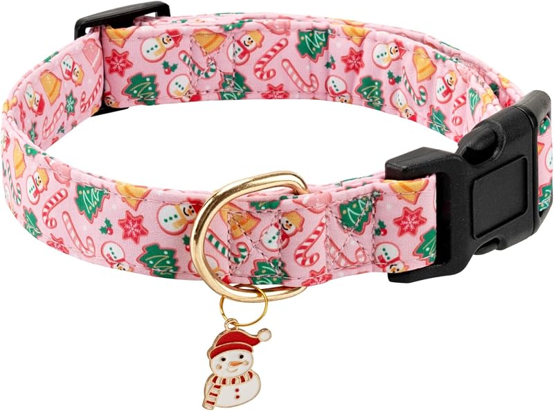 Coleira para Cães de Algodão com Estampa de Boneco de Neve, Fivela de Engate Rápido e Pingente Jelwuion Rosa Snowman, Tamanho S